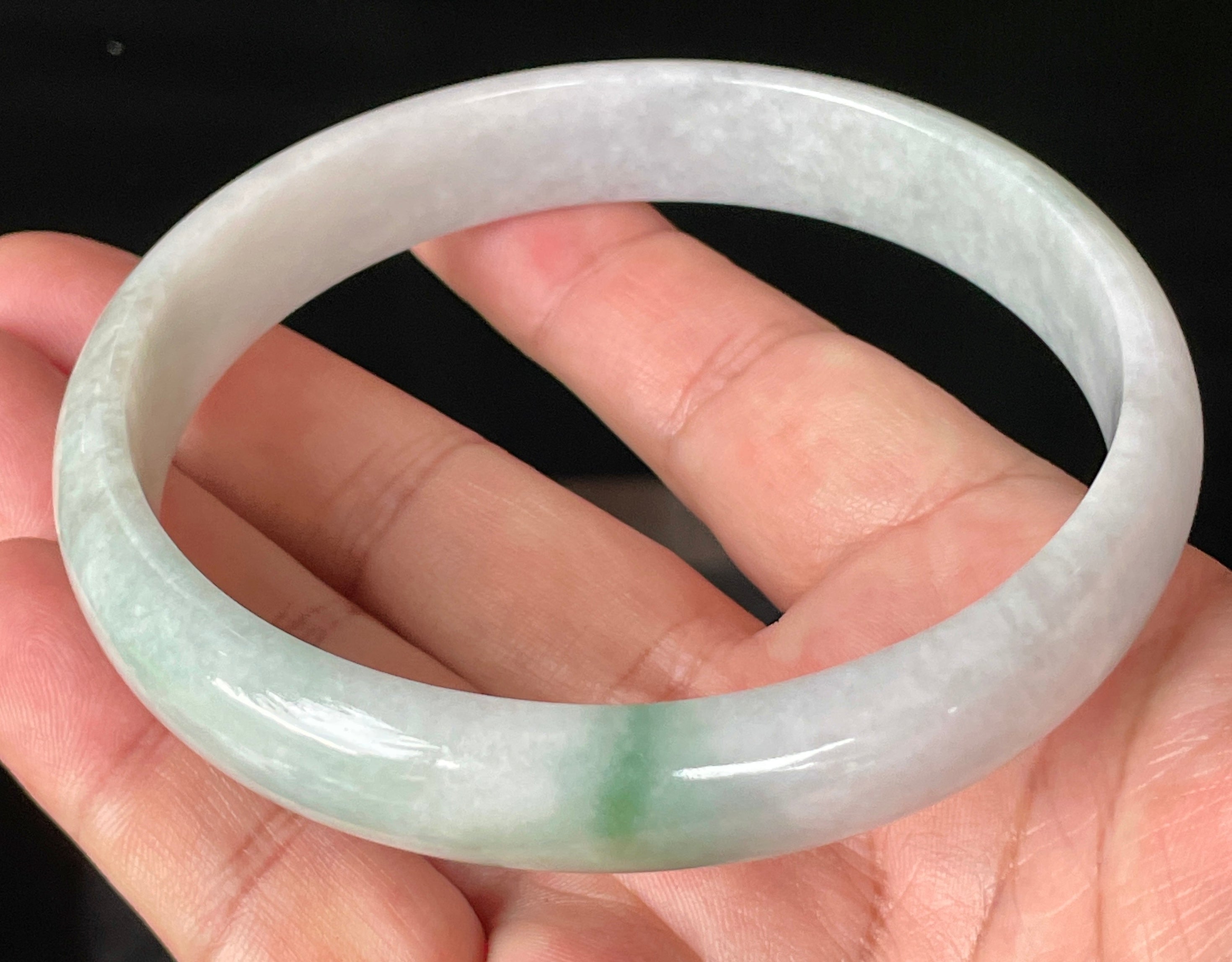 Natural Grade A Certified Burmese Jadeite Jade Bangle – Icy Greyish Milky White with Imperial Green Hue – 76.5mm – JB881