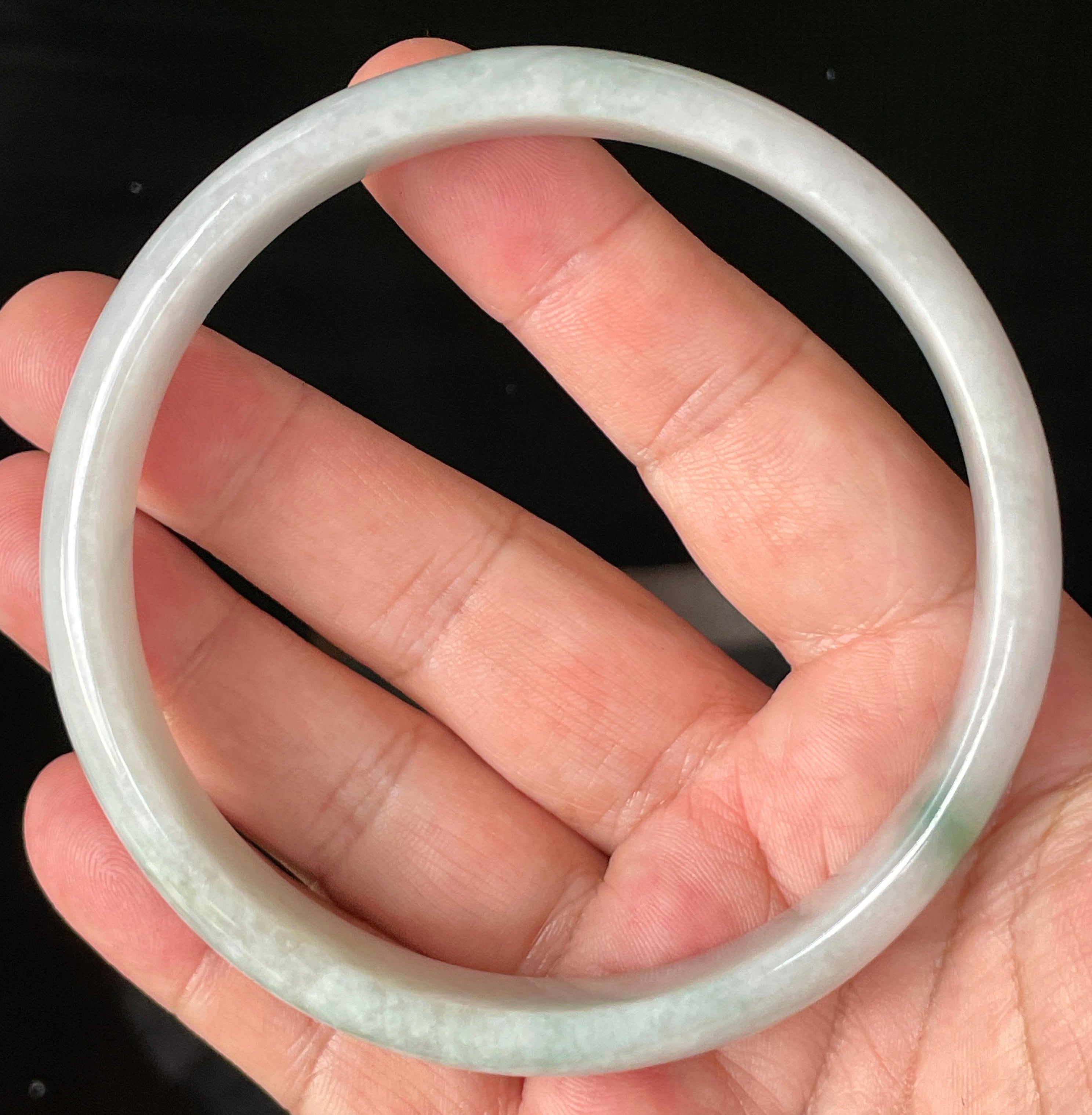 Natural Grade A Certified Burmese Jadeite Jade Bangle – Icy Greyish Milky White with Imperial Green Hue – 76.5mm – JB881