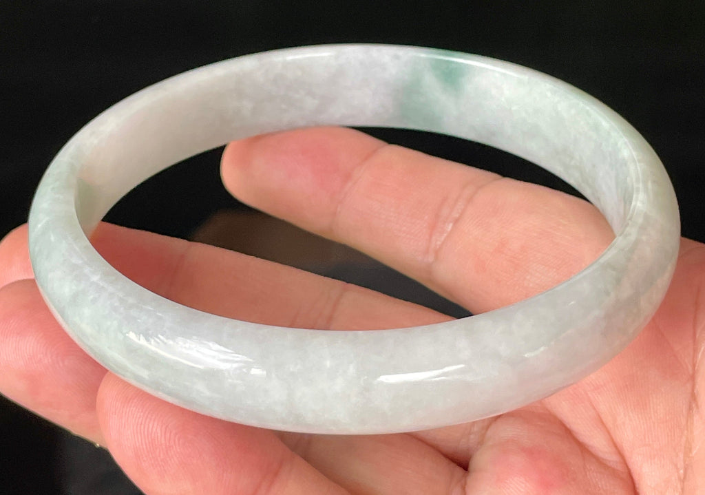 Natural Grade A Certified Burmese Jadeite Jade Bangle – Icy Greyish Milky White with Imperial Green Hue – 76.5mm – JB881