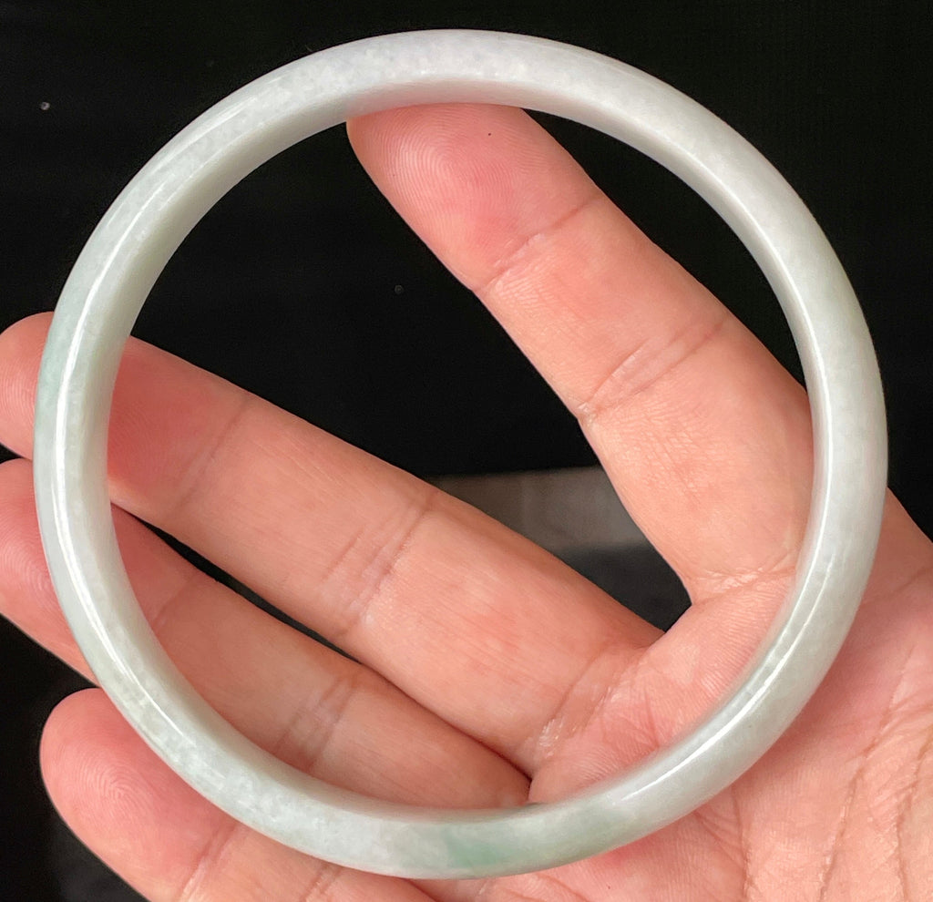 Natural Grade A Certified Burmese Jadeite Jade Bangle – Icy Greyish Milky White with Imperial Green Hue – 76.5mm – JB881