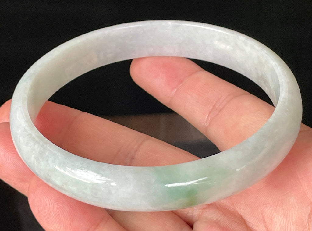 Natural Grade A Certified Burmese Jadeite Jade Bangle – Icy Greyish Milky White with Imperial Green Hue – 76.5mm – JB881