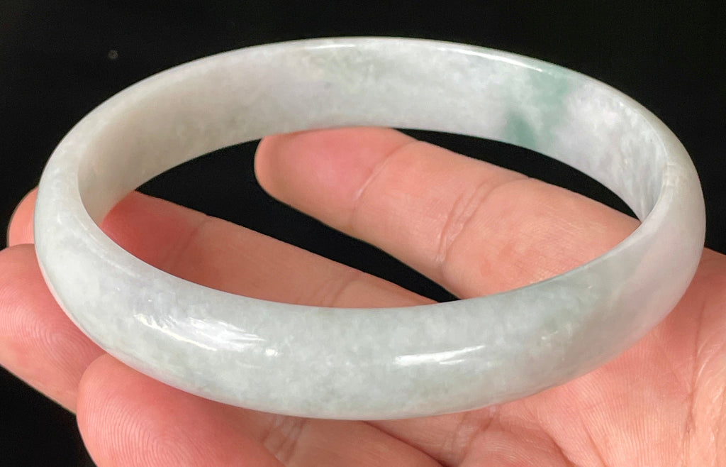 Natural Grade A Certified Burmese Jadeite Jade Bangle – Icy Greyish Milky White with Imperial Green Hue – 76.5mm – JB881