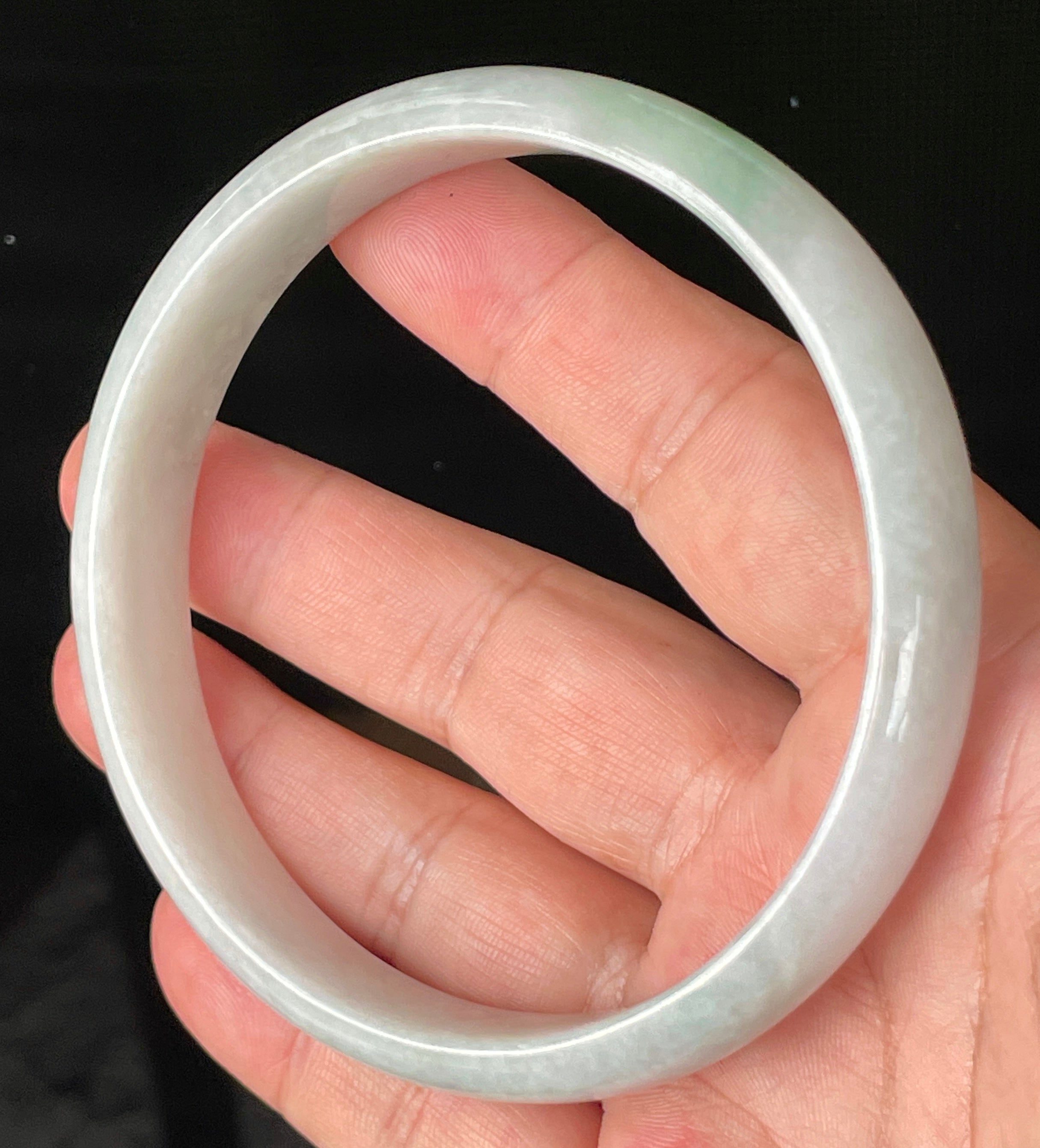 Natural Grade A Certified Burmese Jadeite Jade Bangle – Icy Greyish Milky White with Imperial Green Hue – 76.5mm – JB881
