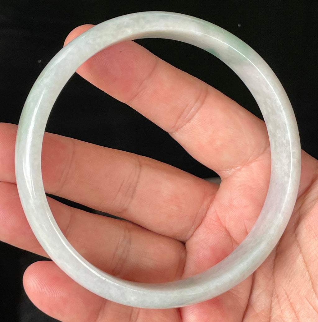 Natural Grade A Certified Burmese Jadeite Jade Bangle – Icy Greyish Milky White with Imperial Green Hue – 76.5mm – JB881