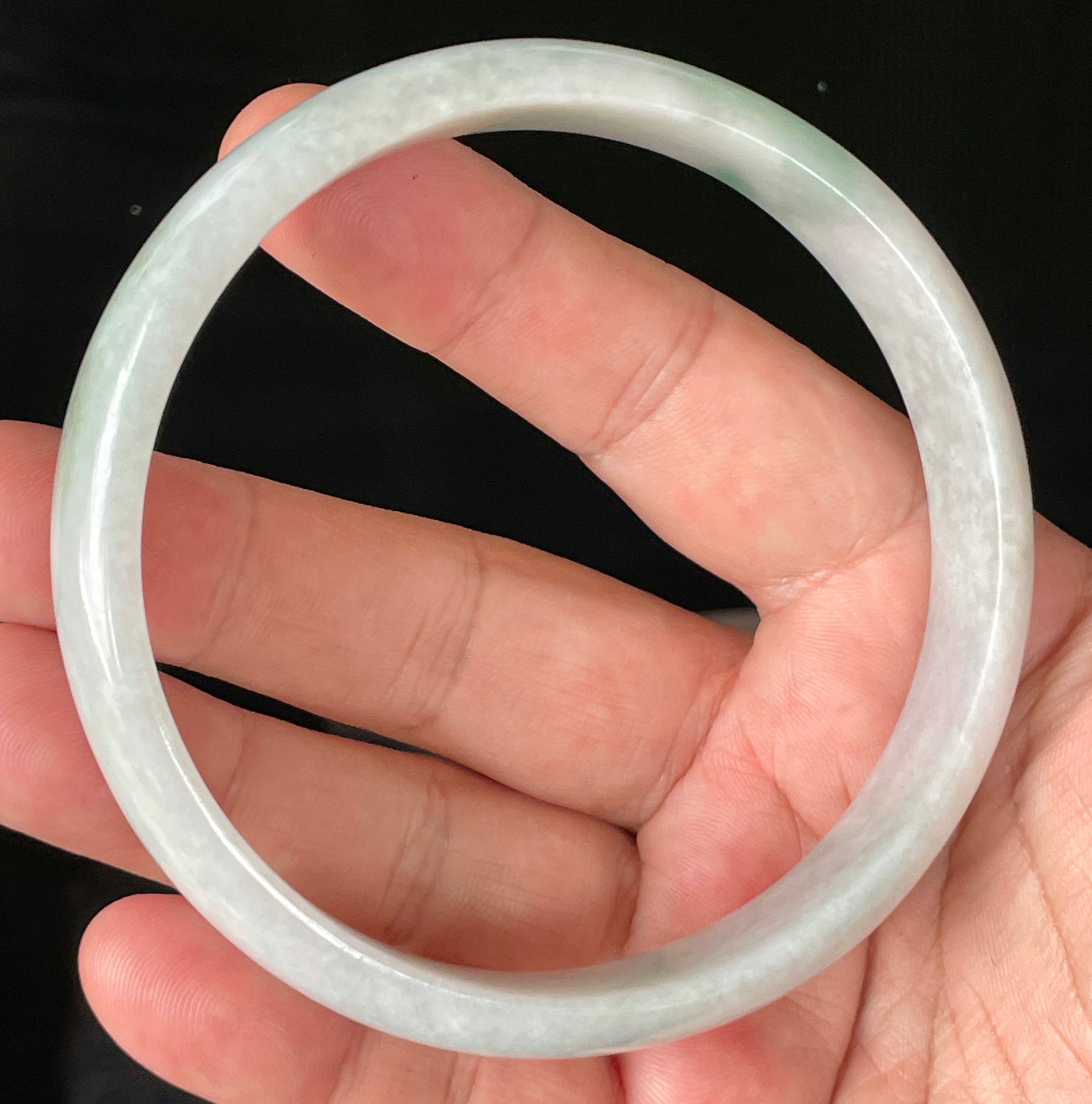 Natural Grade A Certified Burmese Jadeite Jade Bangle – Icy Greyish Milky White with Imperial Green Hue – 76.5mm – JB881
