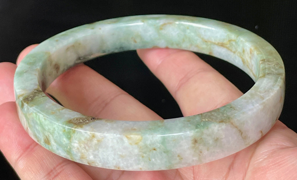 Natural Grade A Certified Burmese Jadeite Jade Bangle – Icy Apple, Imperial & Moss Green with Milky White Hues – Flat Style – 77.9mm – JB934