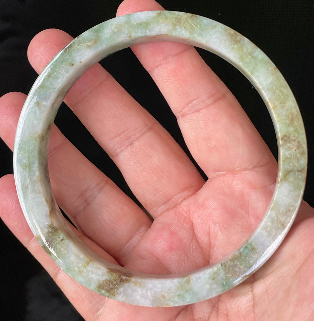 Natural Grade A Certified Burmese Jadeite Jade Bangle – Icy Apple, Imperial & Moss Green with Milky White Hues – Flat Style – 77.9mm – JB934