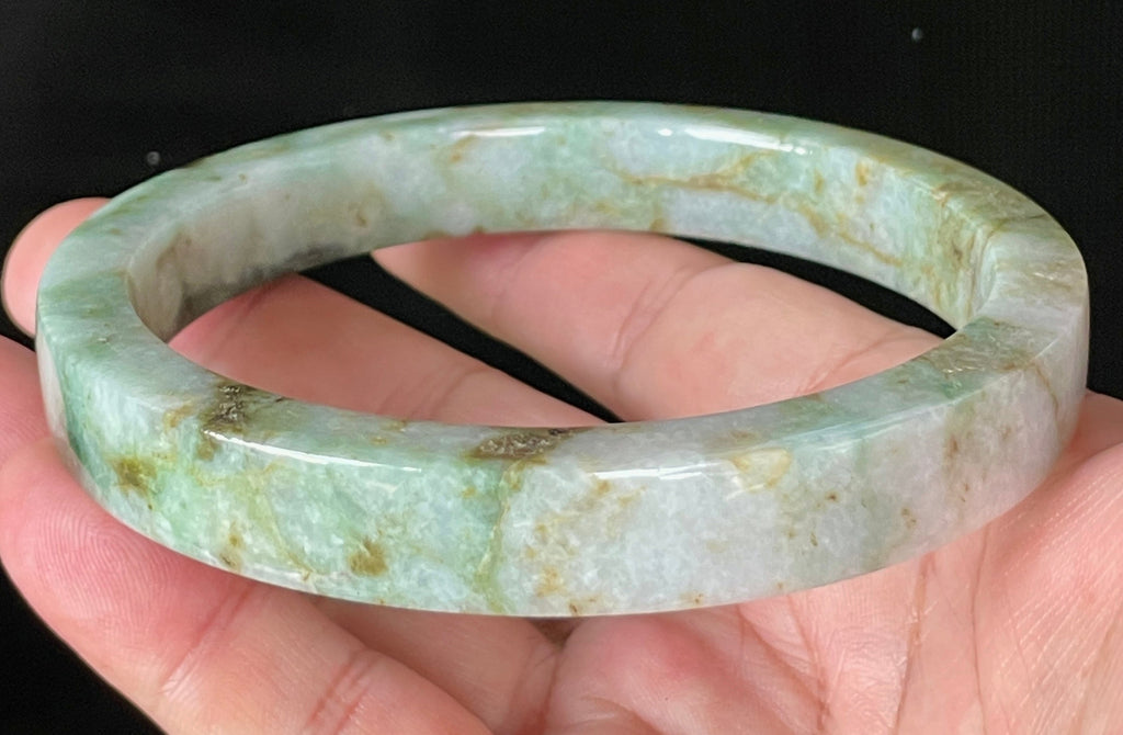 Natural Grade A Certified Burmese Jadeite Jade Bangle – Icy Apple, Imperial & Moss Green with Milky White Hues – Flat Style – 77.9mm – JB934
