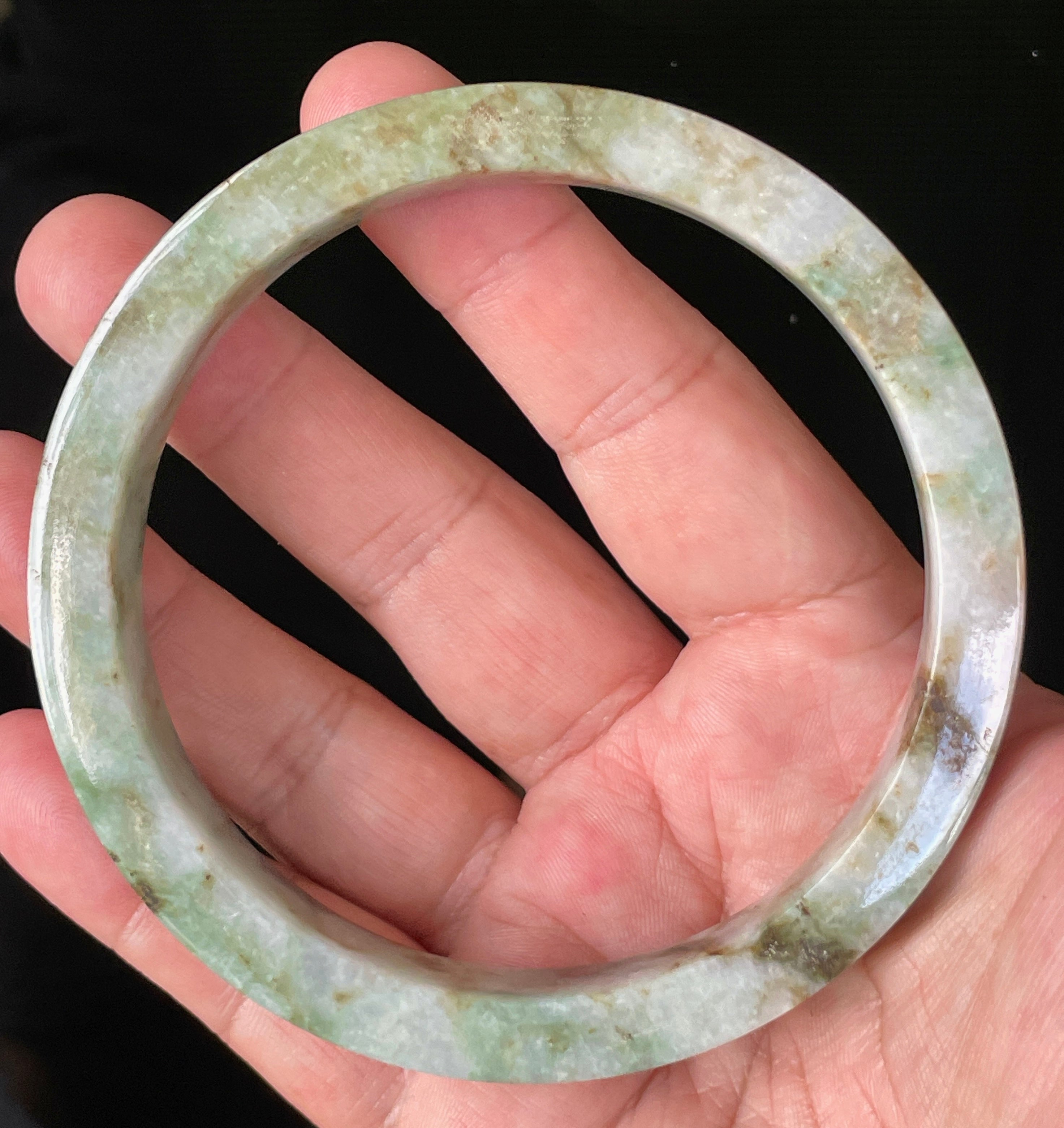 Natural Grade A Certified Burmese Jadeite Jade Bangle – Icy Apple, Imperial & Moss Green with Milky White Hues – Flat Style – 77.9mm – JB934