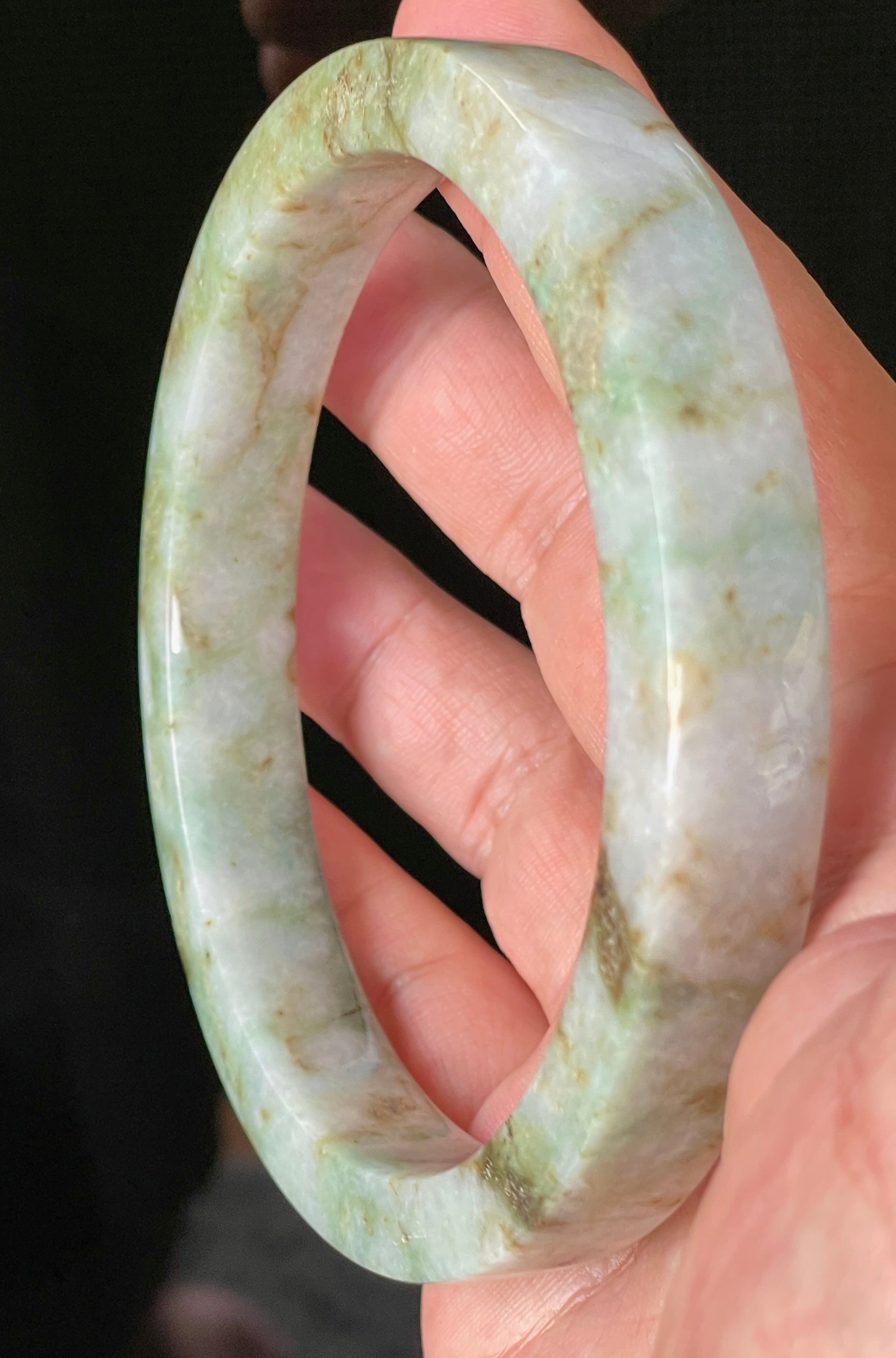Natural Grade A Certified Burmese Jadeite Jade Bangle – Icy Apple, Imperial & Moss Green with Milky White Hues – Flat Style – 77.9mm – JB934