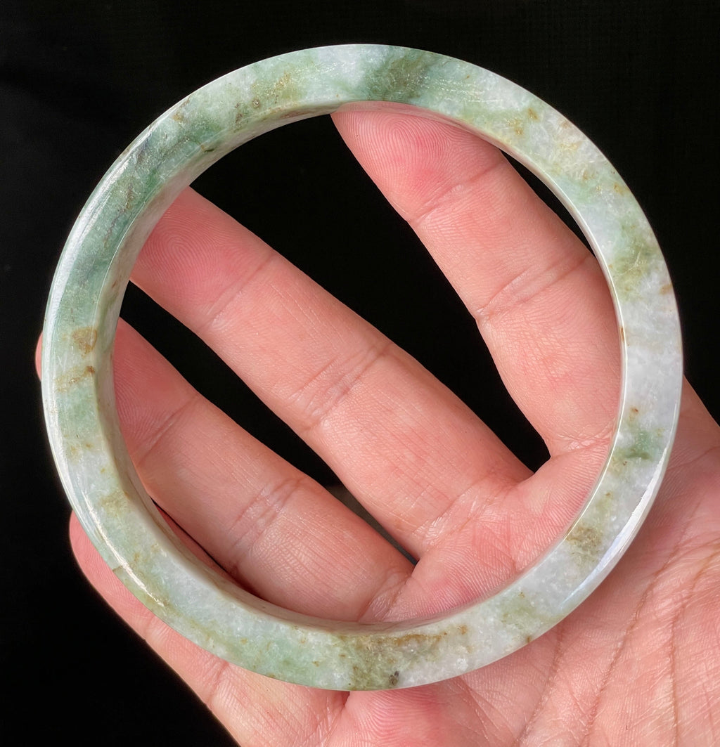 Natural Grade A Certified Burmese Jadeite Jade Bangle – Icy Apple, Imperial & Moss Green with Milky White Hues – Flat Style – 77.9mm – JB934