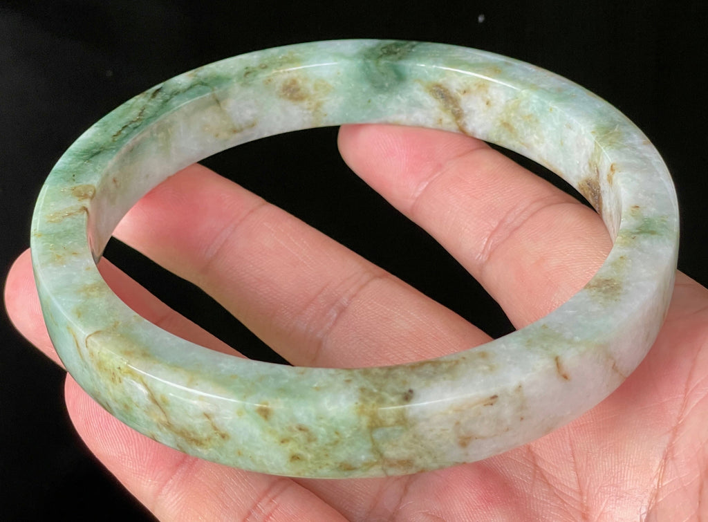 Natural Grade A Certified Burmese Jadeite Jade Bangle – Icy Apple, Imperial & Moss Green with Milky White Hues – Flat Style – 77.9mm – JB934