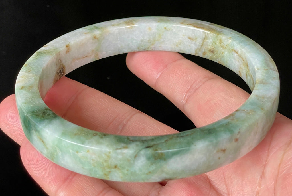 Natural Grade A Certified Burmese Jadeite Jade Bangle – Icy Apple, Imperial & Moss Green with Milky White Hues – Flat Style – 77.9mm – JB934