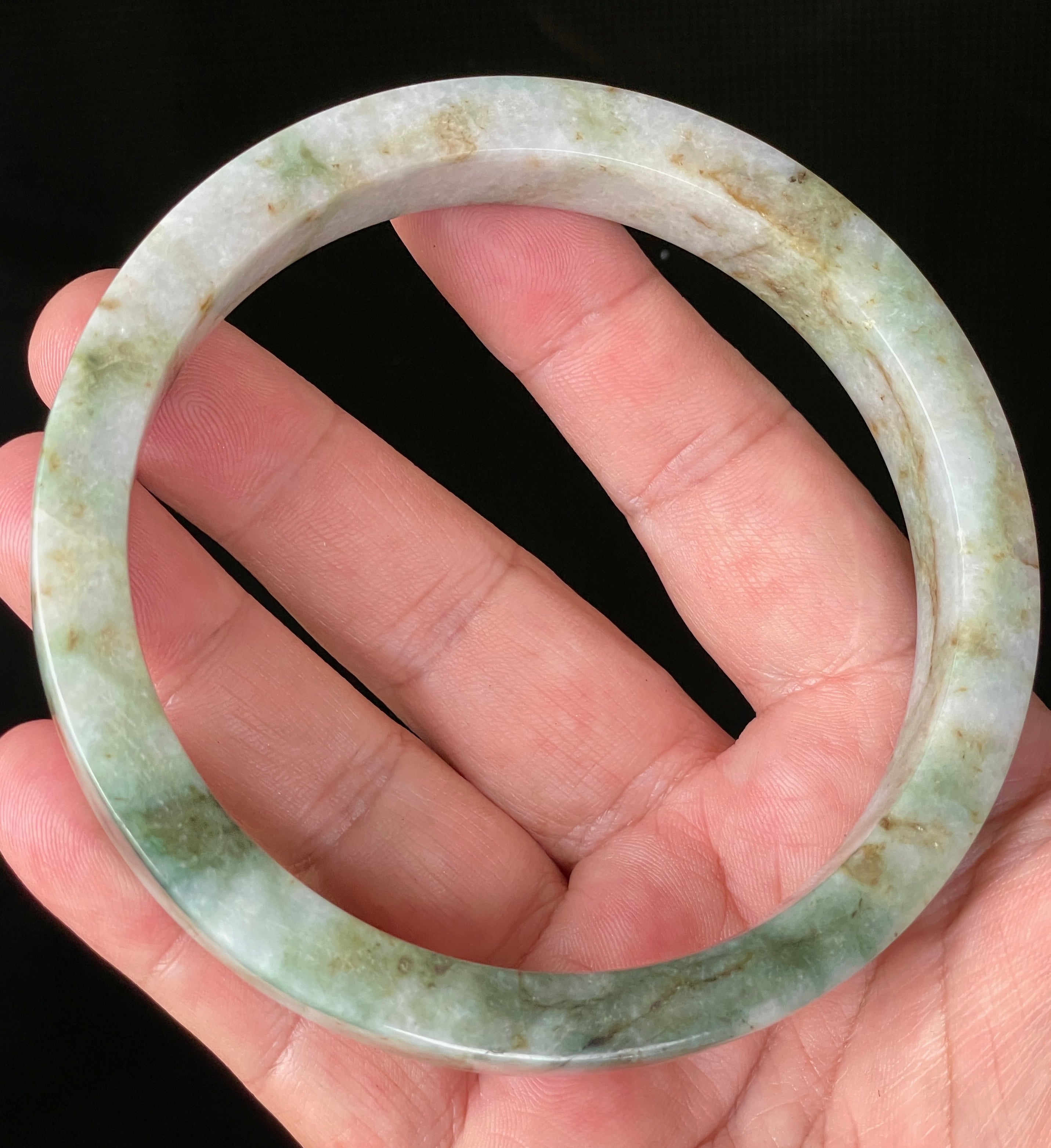 Natural Grade A Certified Burmese Jadeite Jade Bangle – Icy Apple, Imperial & Moss Green with Milky White Hues – Flat Style – 77.9mm – JB934