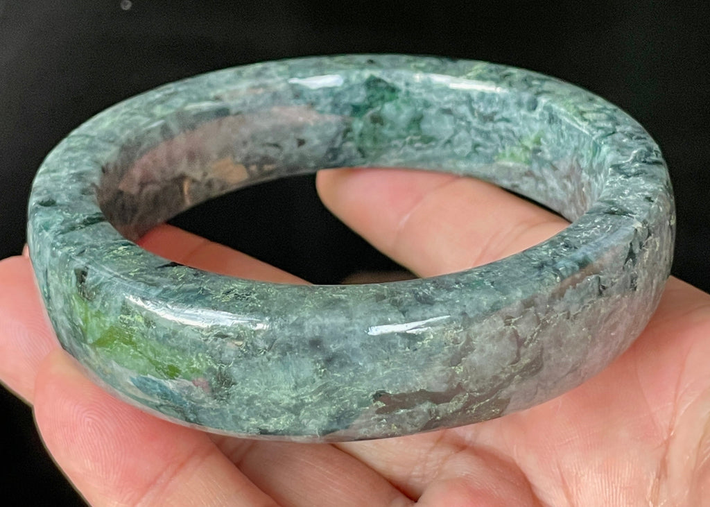 Natural Grade A Certified Burmese Jadeite Jade Bangle – Icy Black & Greyish with Apple & Moss Green Hues – Flat Style – 66.4mm – JB935