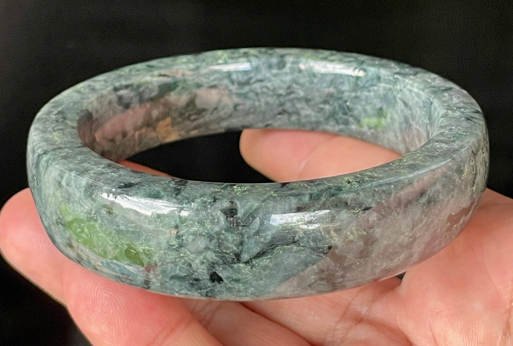 Natural Grade A Certified Burmese Jadeite Jade Bangle – Icy Black & Greyish with Apple & Moss Green Hues – Flat Style – 66.4mm – JB935