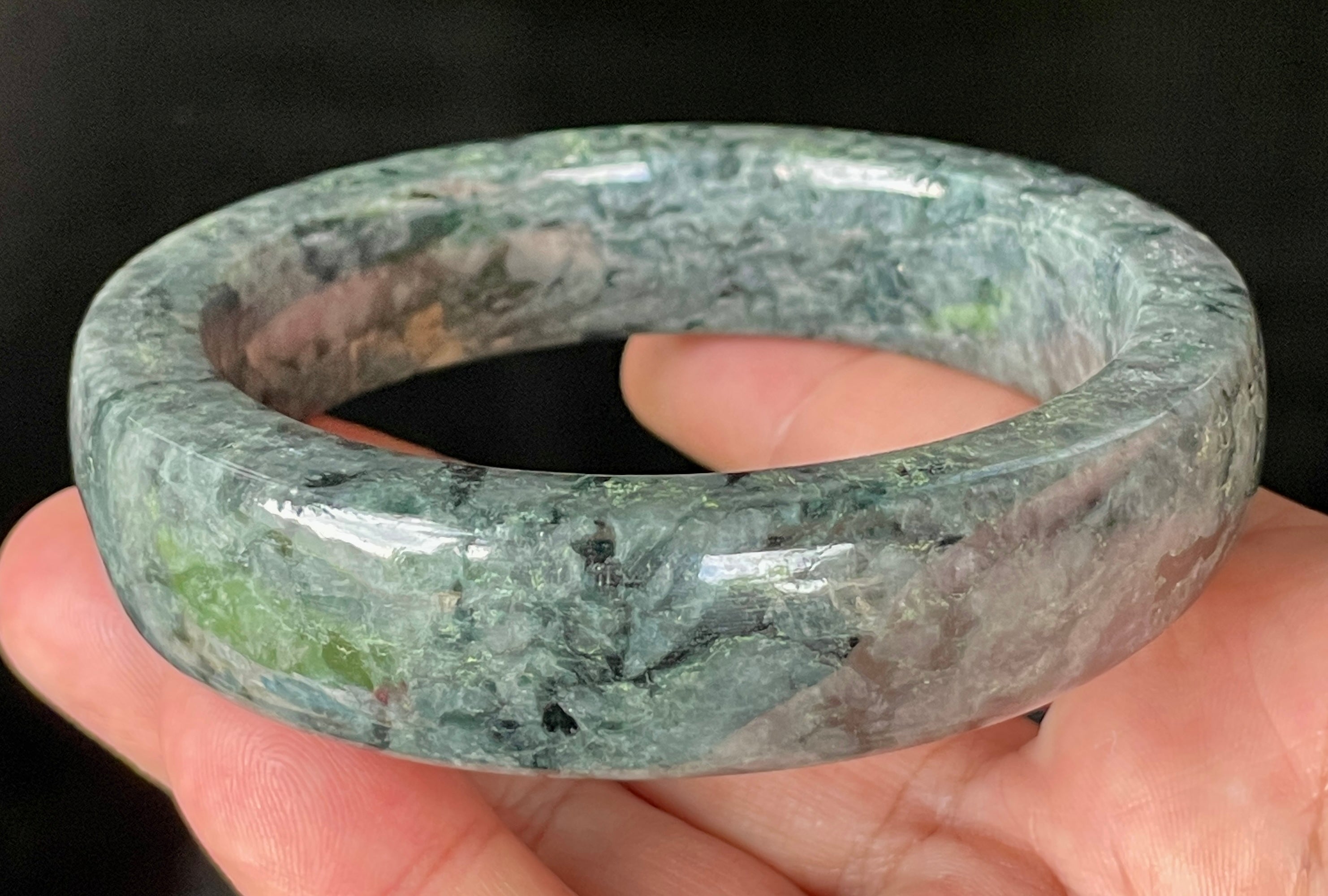 Natural Grade A Certified Burmese Jadeite Jade Bangle – Icy Black & Greyish with Apple & Moss Green Hues – Flat Style – 66.4mm – JB935
