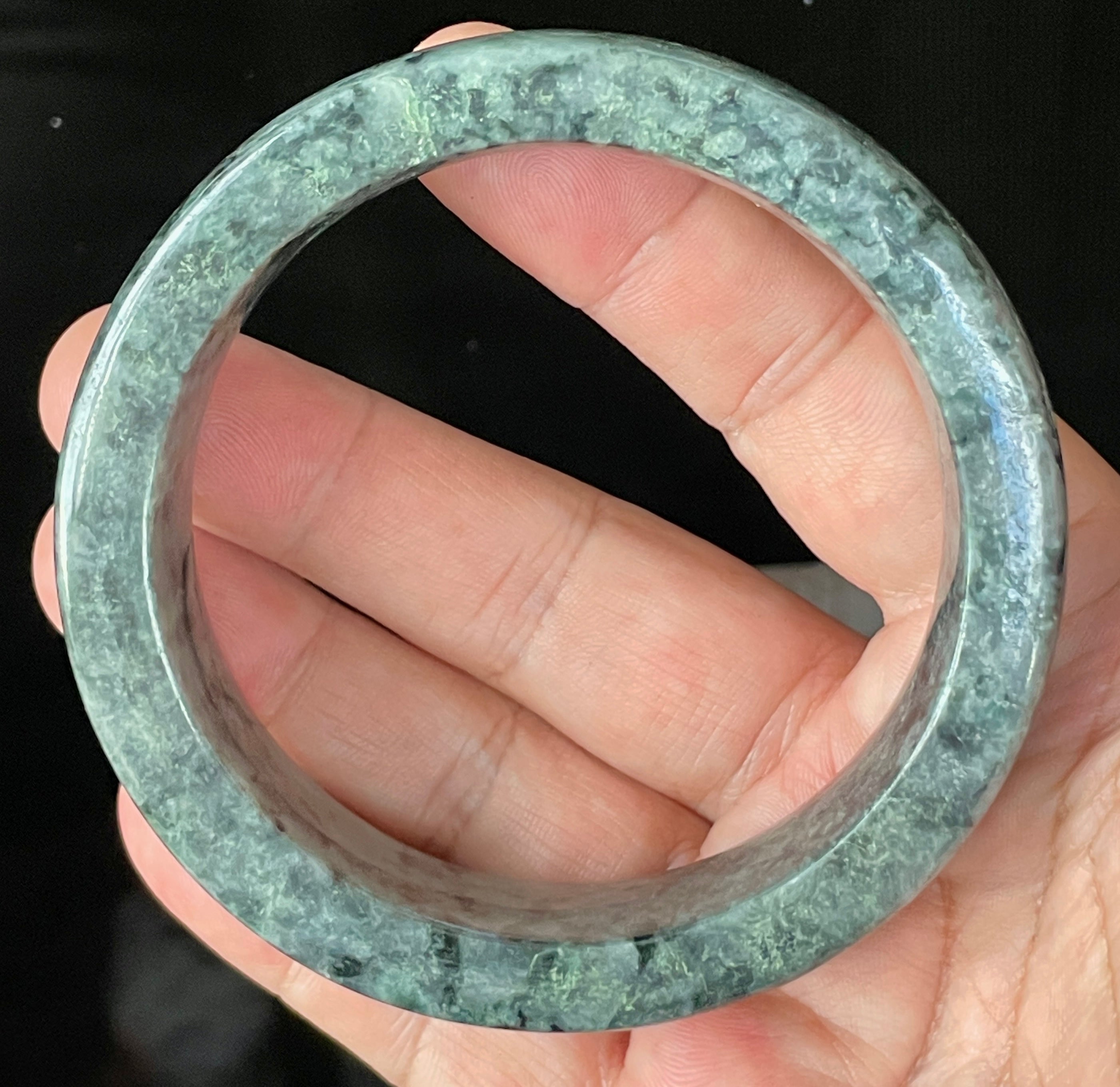 Natural Grade A Certified Burmese Jadeite Jade Bangle – Icy Black & Greyish with Apple & Moss Green Hues – Flat Style – 66.4mm – JB935