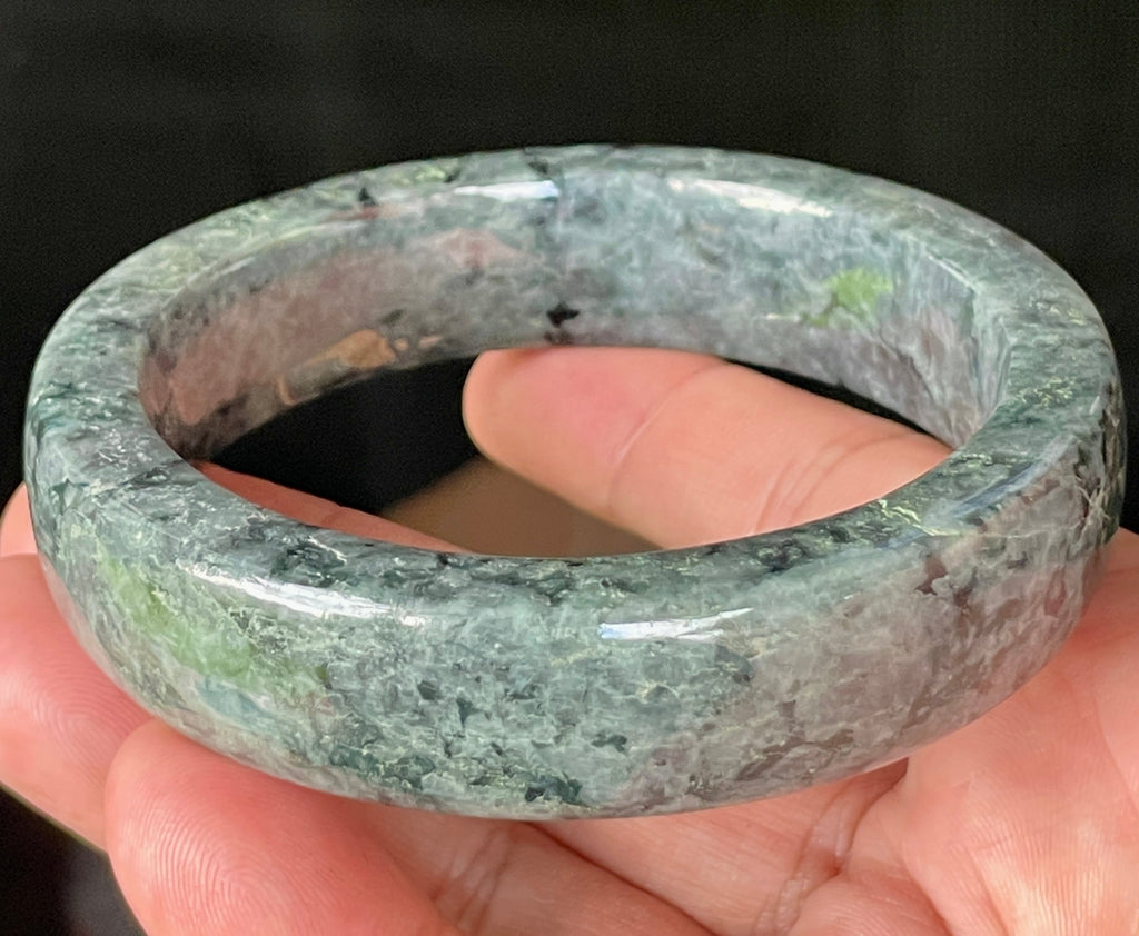 Natural Grade A Certified Burmese Jadeite Jade Bangle – Icy Black & Greyish with Apple & Moss Green Hues – Flat Style – 66.4mm – JB935