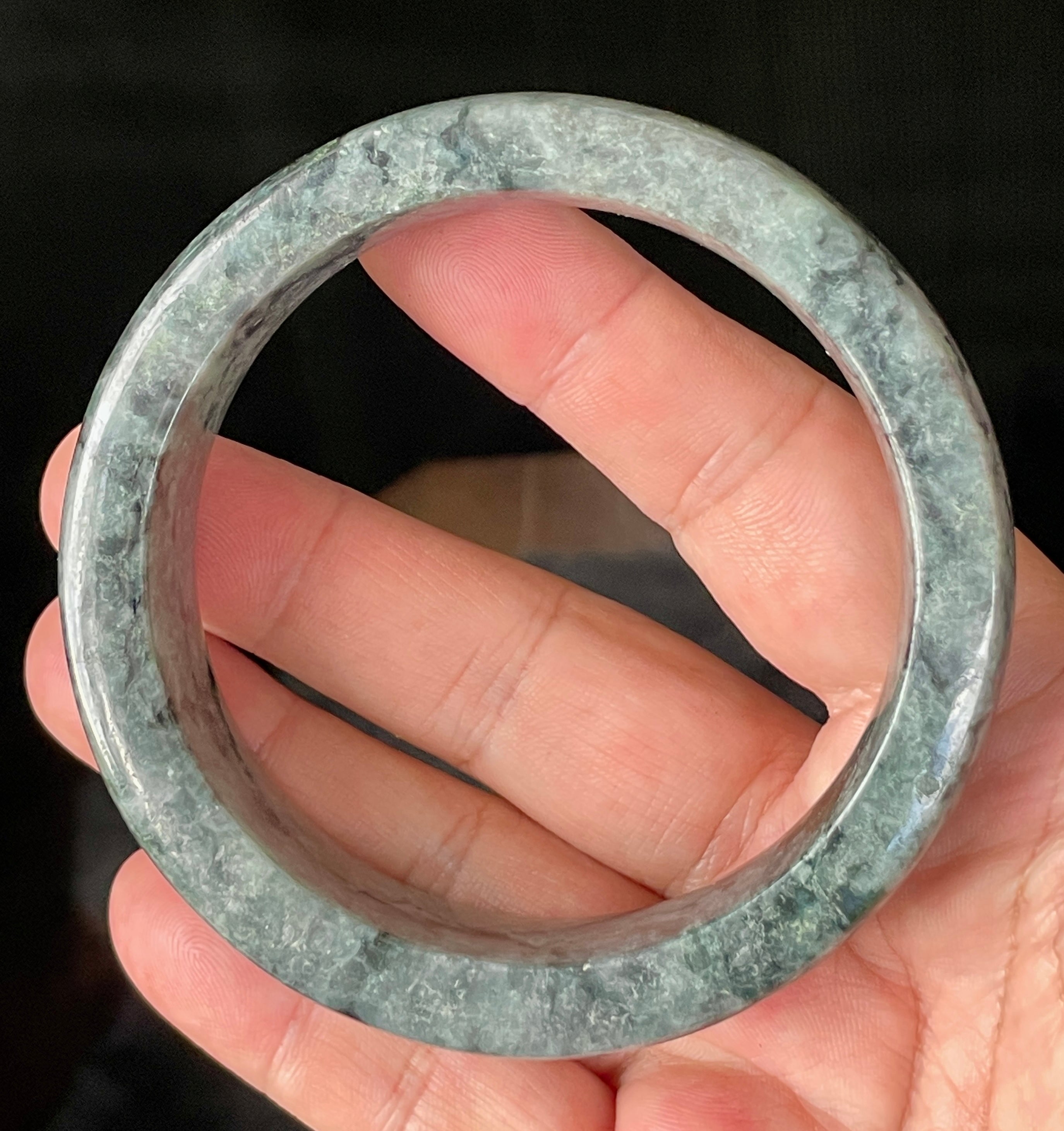 Natural Grade A Certified Burmese Jadeite Jade Bangle – Icy Black & Greyish with Apple & Moss Green Hues – Flat Style – 66.4mm – JB935