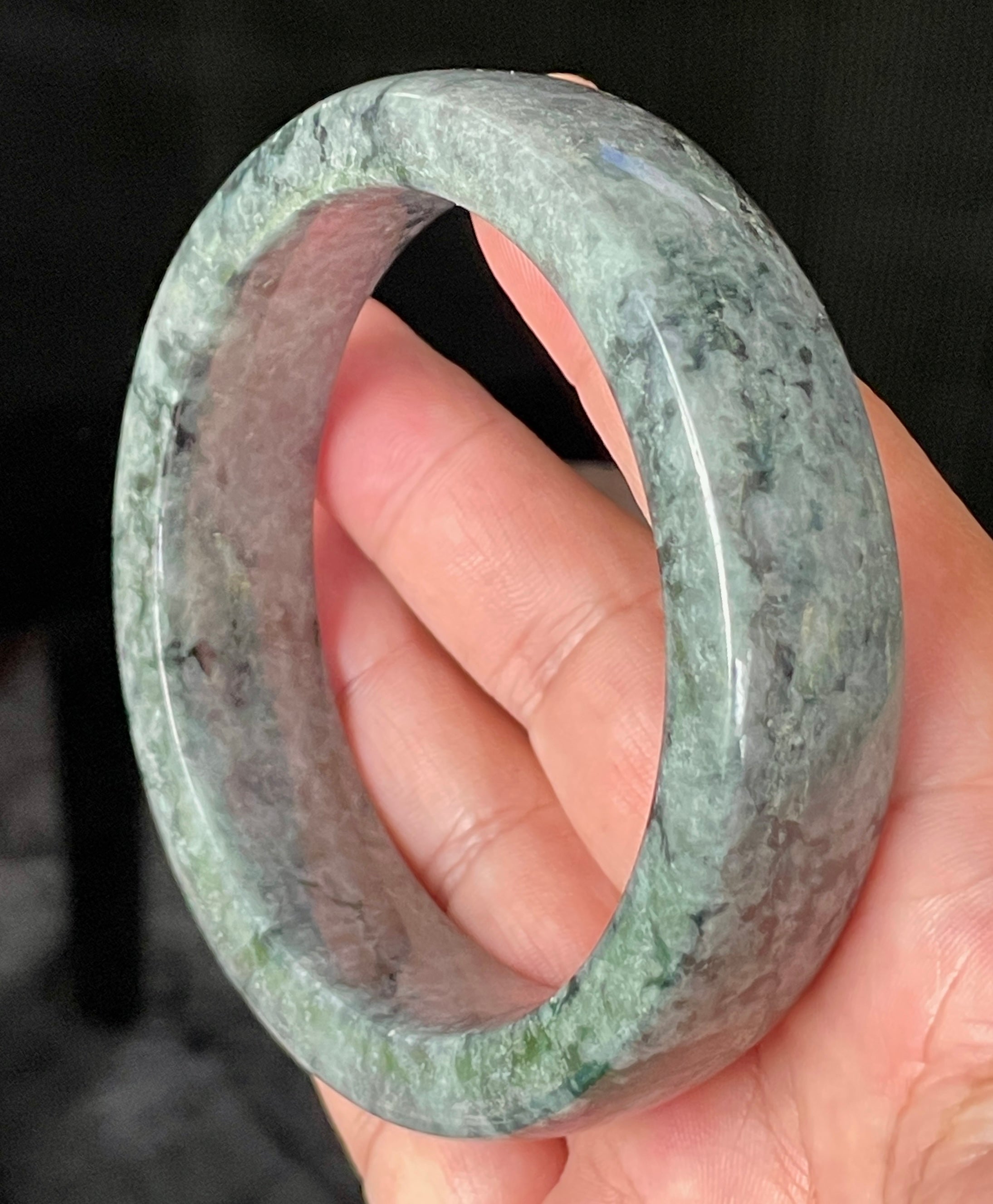 Natural Grade A Certified Burmese Jadeite Jade Bangle – Icy Black & Greyish with Apple & Moss Green Hues – Flat Style – 66.4mm – JB935