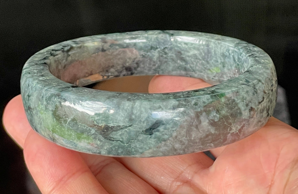 Natural Grade A Certified Burmese Jadeite Jade Bangle – Icy Black & Greyish with Apple & Moss Green Hues – Flat Style – 66.4mm – JB935