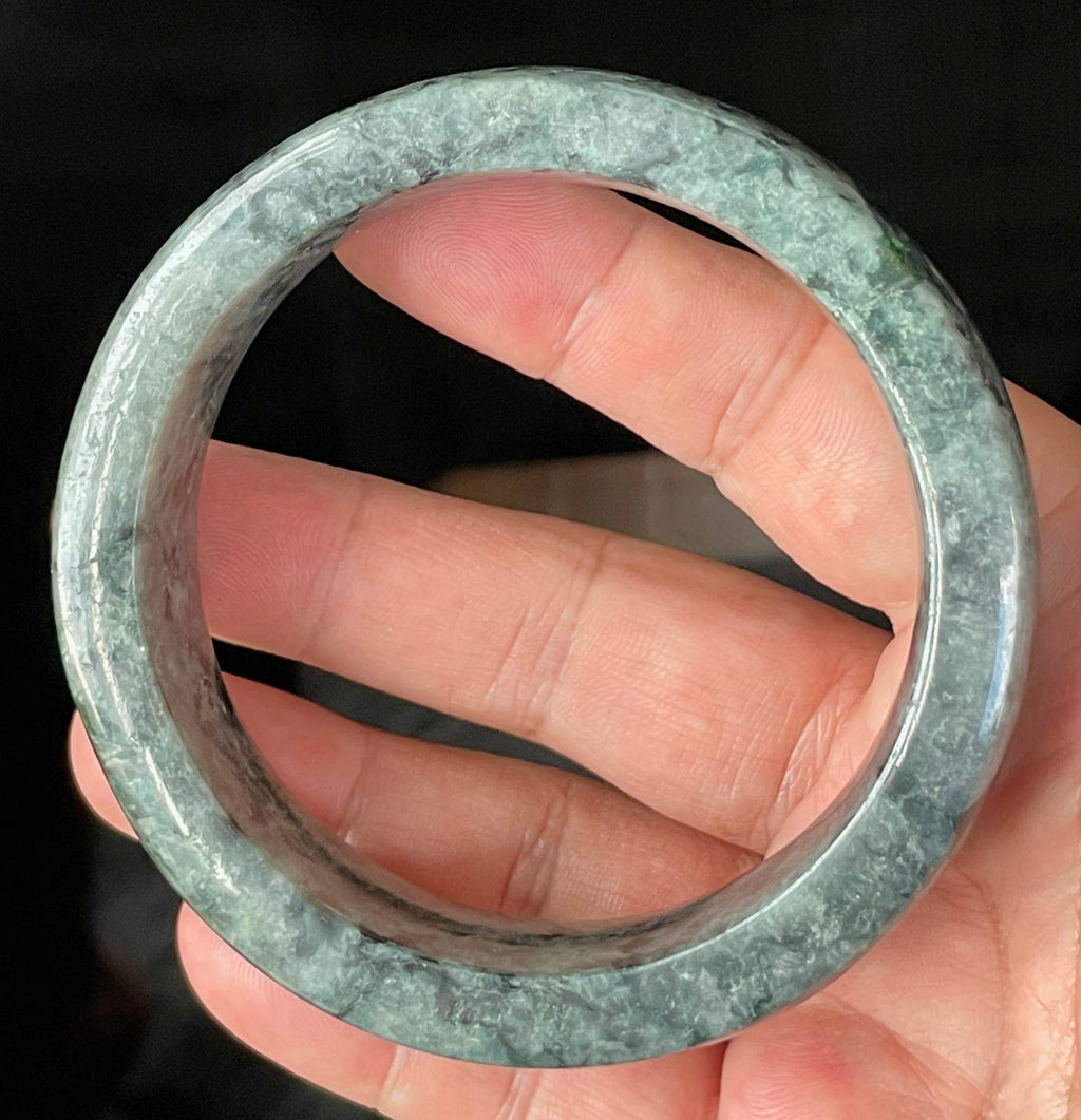 Natural Grade A Certified Burmese Jadeite Jade Bangle – Icy Black & Greyish with Apple & Moss Green Hues – Flat Style – 66.4mm – JB935