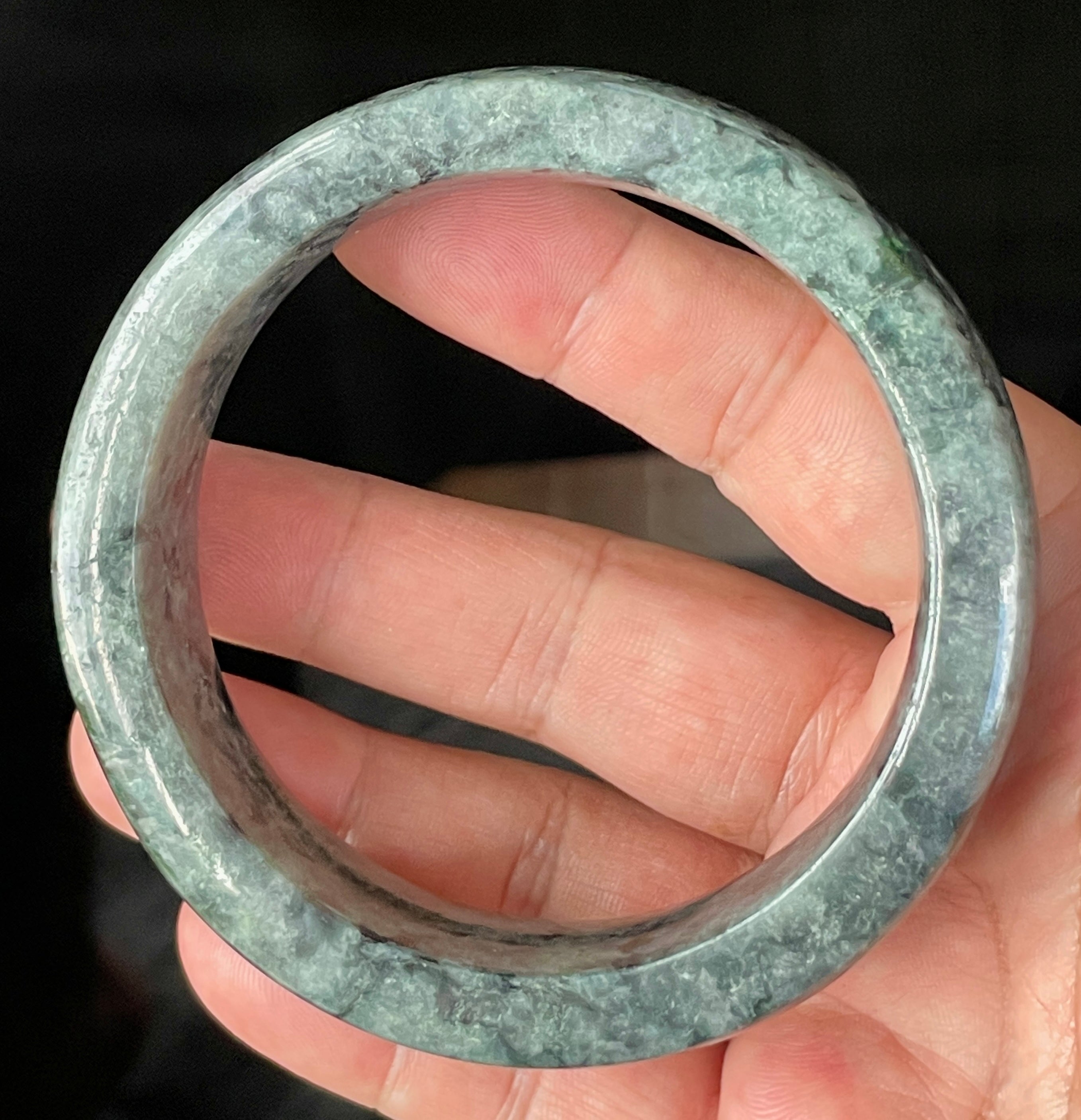Natural Grade A Certified Burmese Jadeite Jade Bangle – Icy Black & Greyish with Apple & Moss Green Hues – Flat Style – 66.4mm – JB935