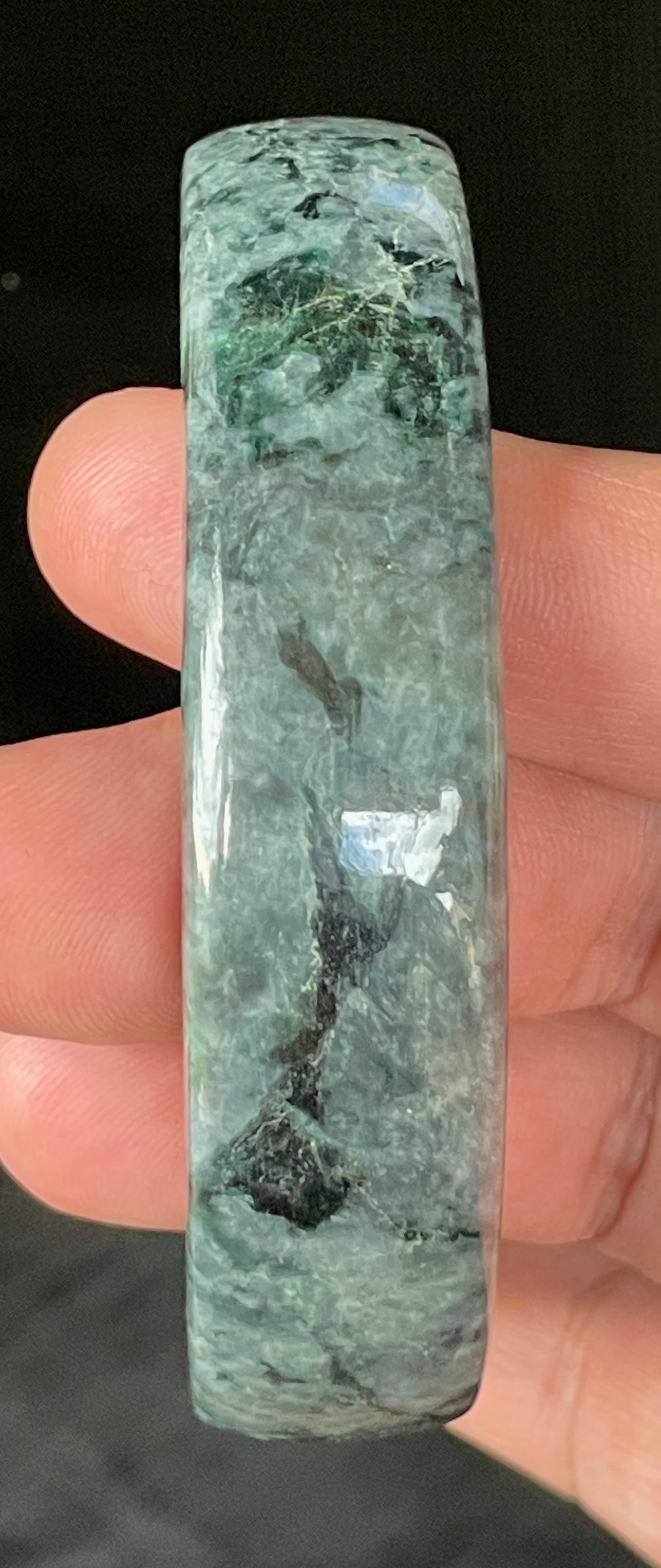 Natural Grade A Certified Burmese Jadeite Jade Bangle – Icy Black & Greyish with Apple & Moss Green Hues – Flat Style – 66.4mm – JB935
