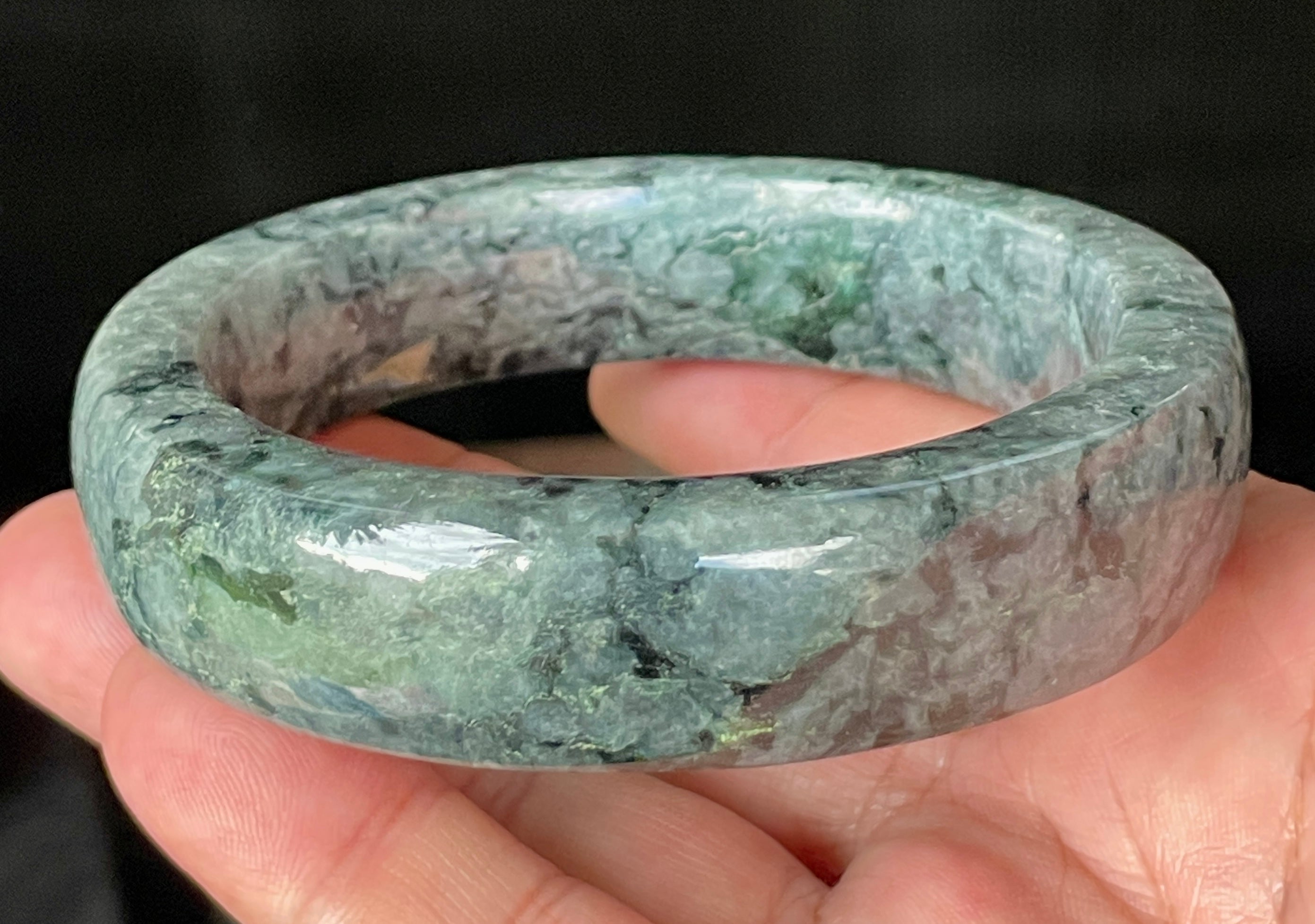 Natural Grade A Certified Burmese Jadeite Jade Bangle – Icy Black & Greyish with Apple & Moss Green Hues – Flat Style – 66.4mm – JB935