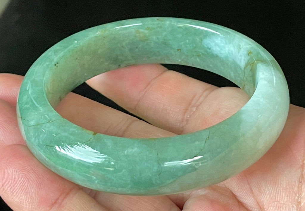 Natural Grade A Certified Burmese Jadeite Jade Bangle – Icy Apple & Imperial Green with Milky White and Honey Hues – 57.5mm – JB902