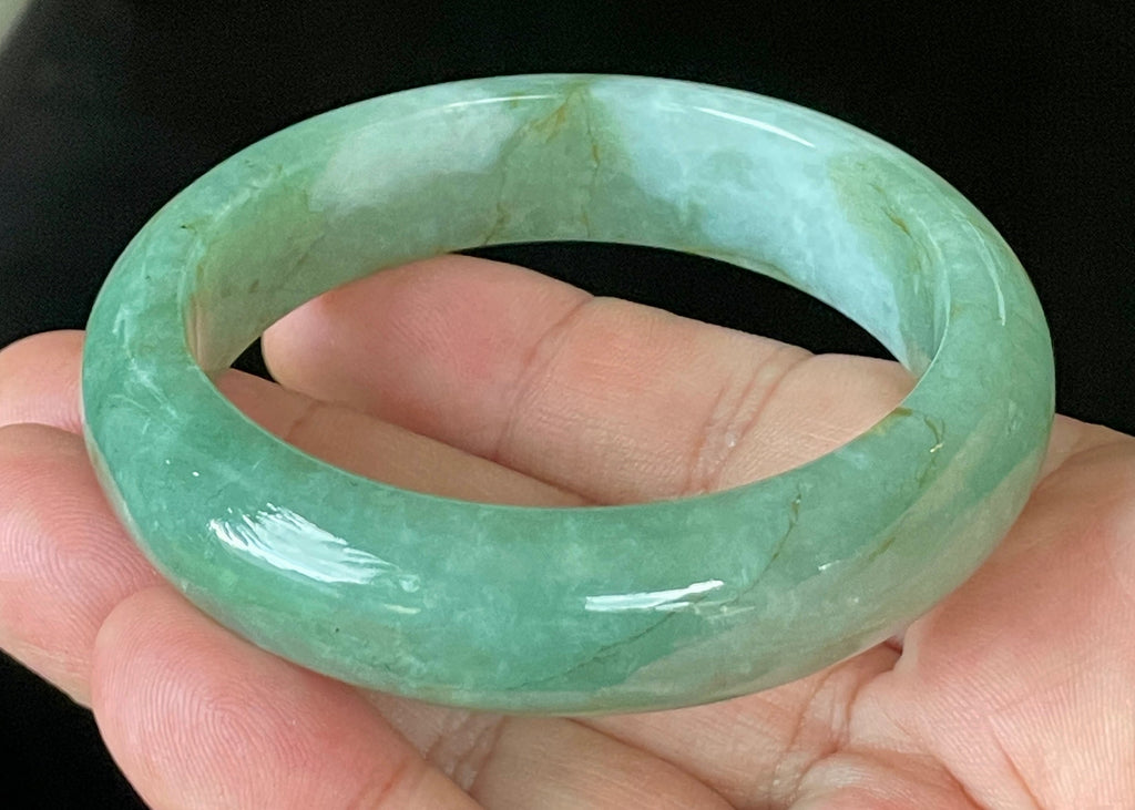 Natural Grade A Certified Burmese Jadeite Jade Bangle – Icy Apple & Imperial Green with Milky White and Honey Hues – 57.5mm – JB902