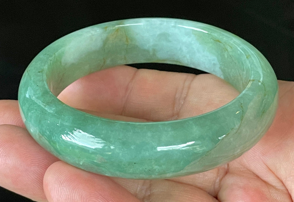 Natural Grade A Certified Burmese Jadeite Jade Bangle – Icy Apple & Imperial Green with Milky White and Honey Hues – 57.5mm – JB902
