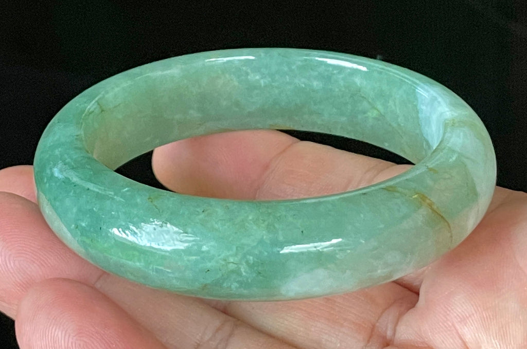 Natural Grade A Certified Burmese Jadeite Jade Bangle – Icy Apple & Imperial Green with Milky White and Honey Hues – 57.5mm – JB902