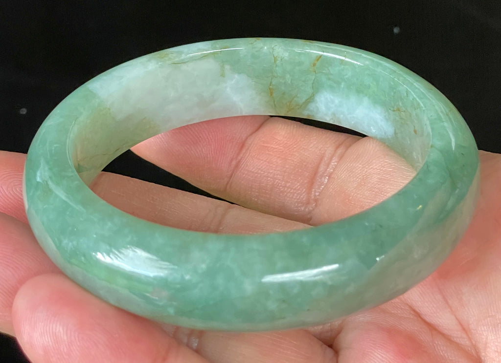 Natural Grade A Certified Burmese Jadeite Jade Bangle – Icy Apple & Imperial Green with Milky White and Honey Hues – 57.5mm – JB902