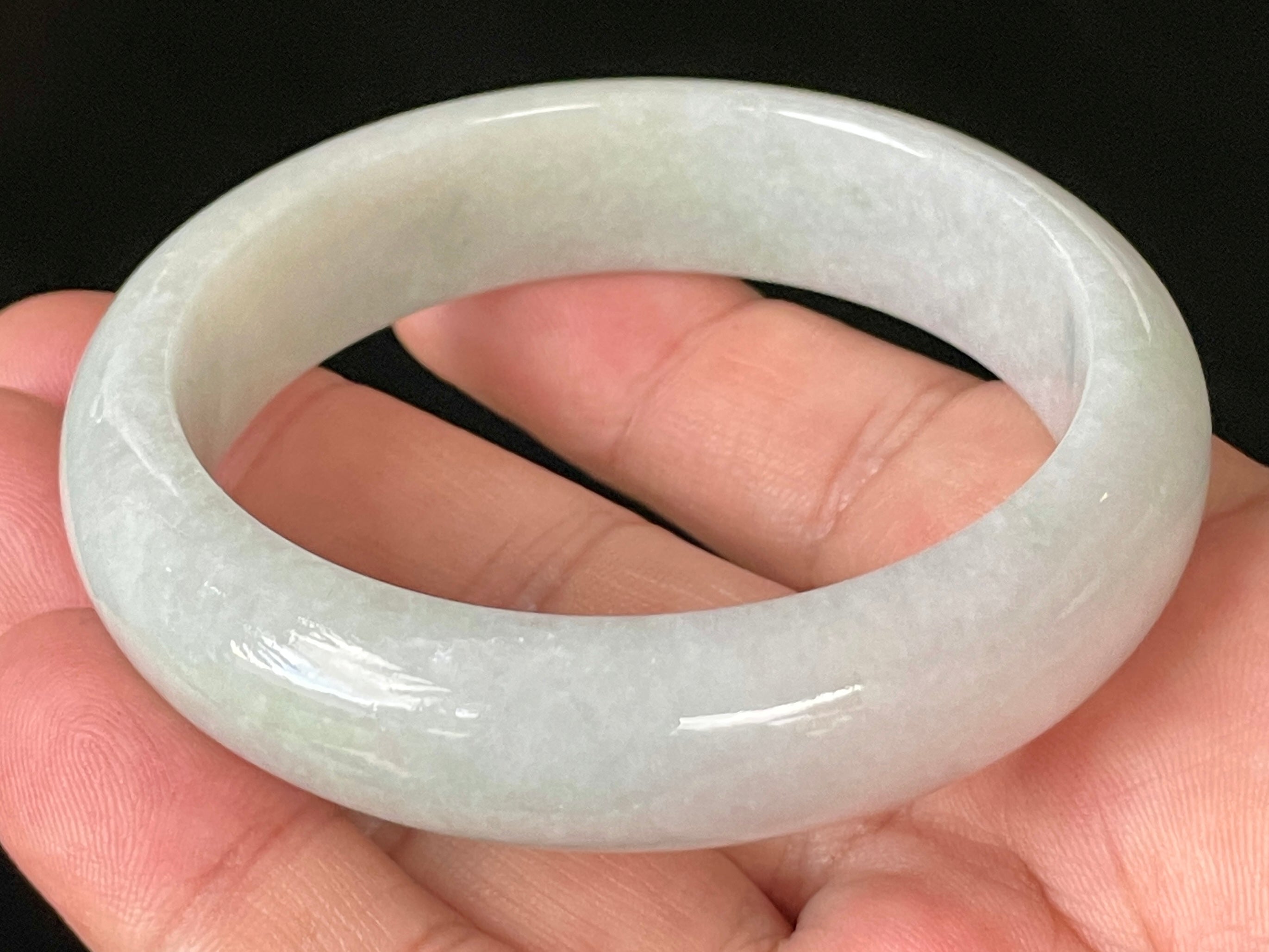 Natural Grade A Certified Burmese Jadeite Jade Bangle – Icy Light Apple Green with Milky White Hues – 55.5mm – JB900