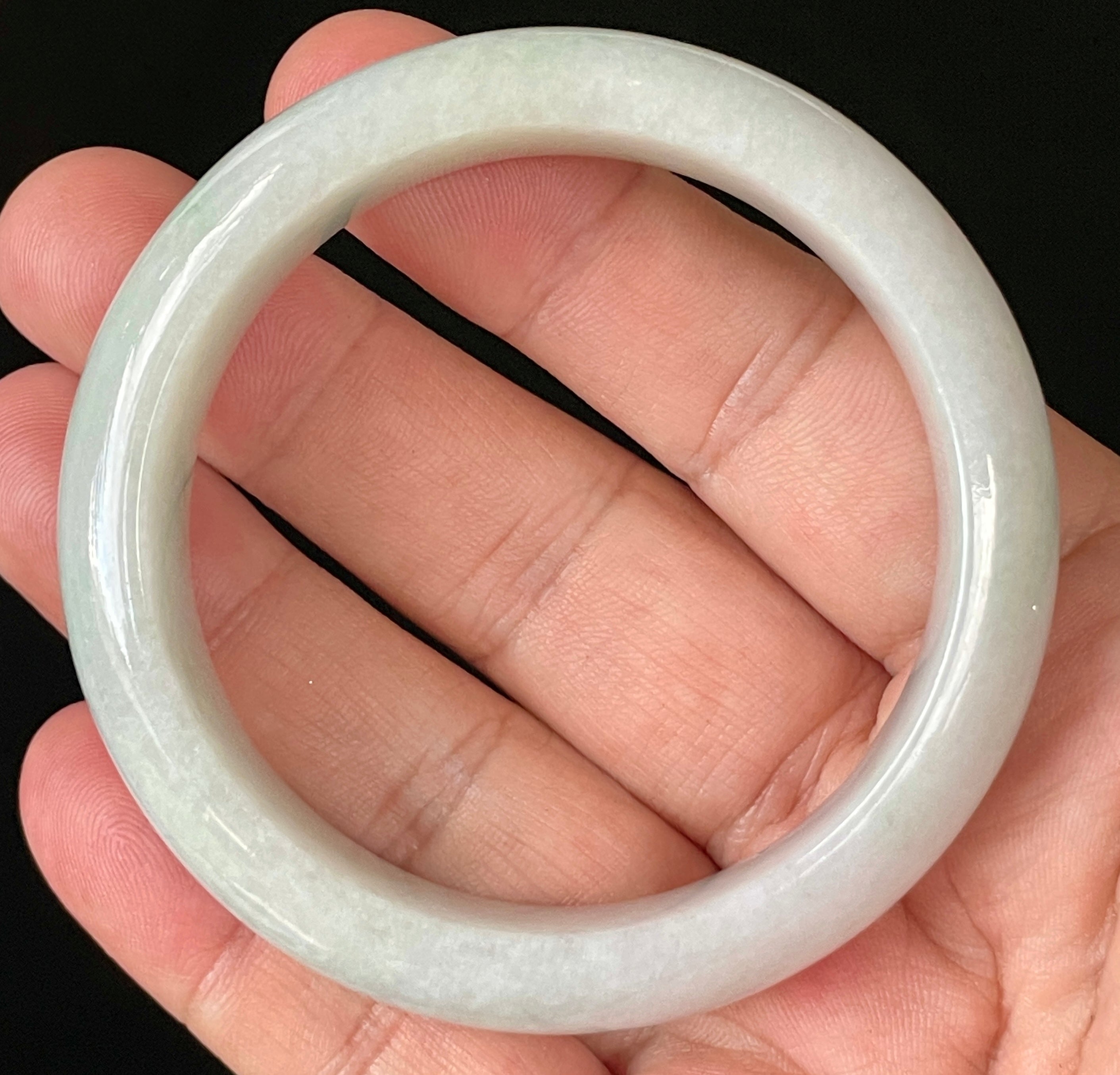 Natural Grade A Certified Burmese Jadeite Jade Bangle – Icy Light Apple Green with Milky White Hues – 55.5mm – JB900