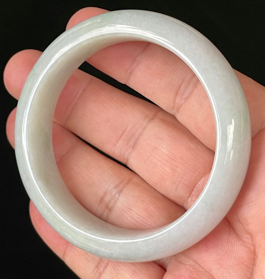 Natural Grade A Certified Burmese Jadeite Jade Bangle – Icy Light Apple Green with Milky White Hues – 55.5mm – JB900