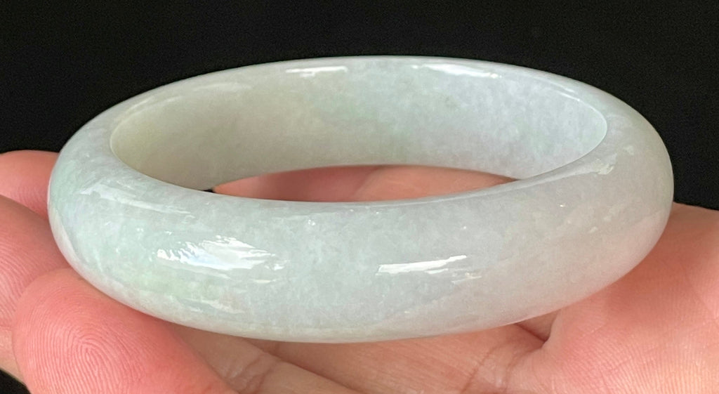 Natural Grade A Certified Burmese Jadeite Jade Bangle – Icy Light Apple Green with Milky White Hues – 55.5mm – JB900