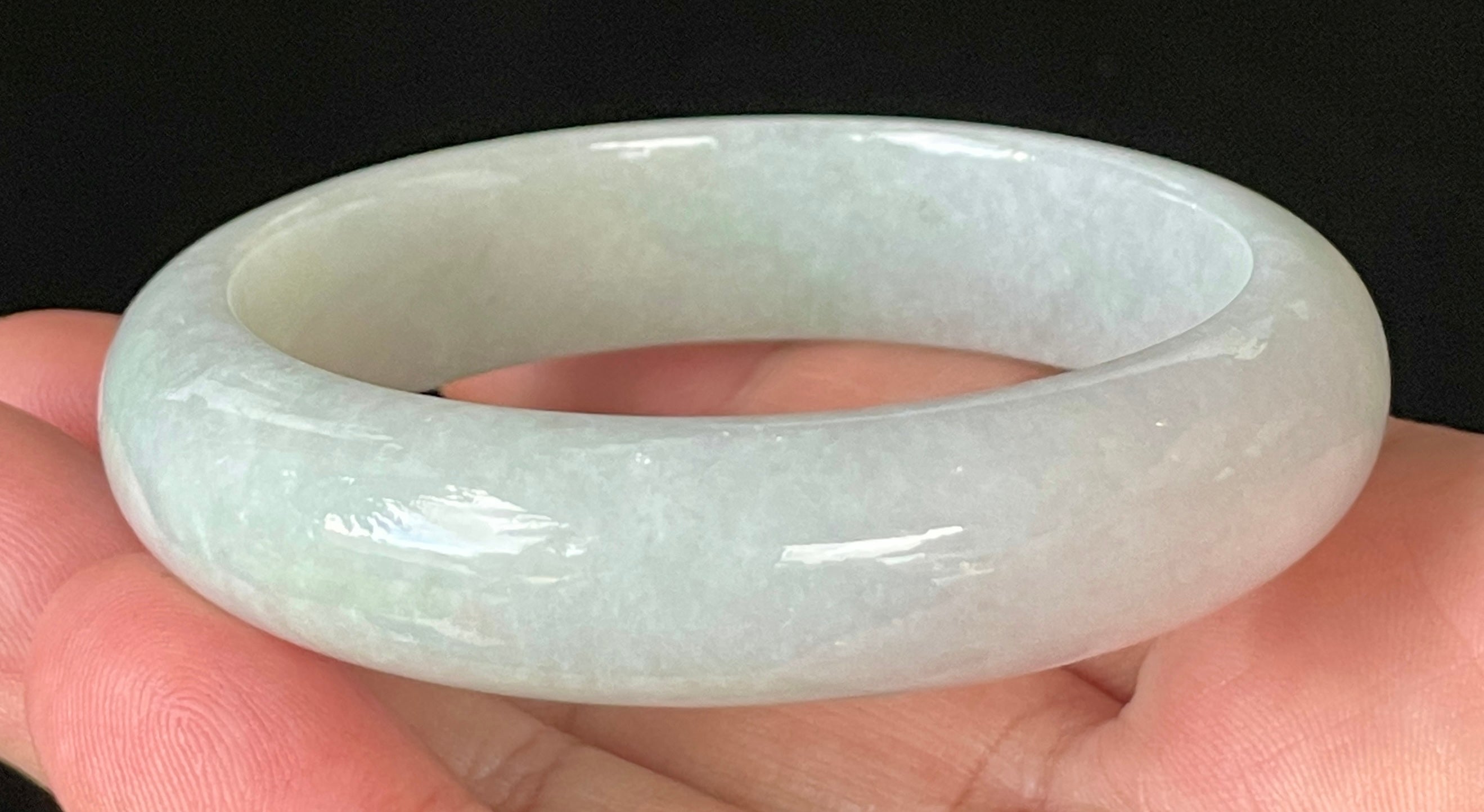 Natural Grade A Certified Burmese Jadeite Jade Bangle – Icy Light Apple Green with Milky White Hues – 55.5mm – JB900