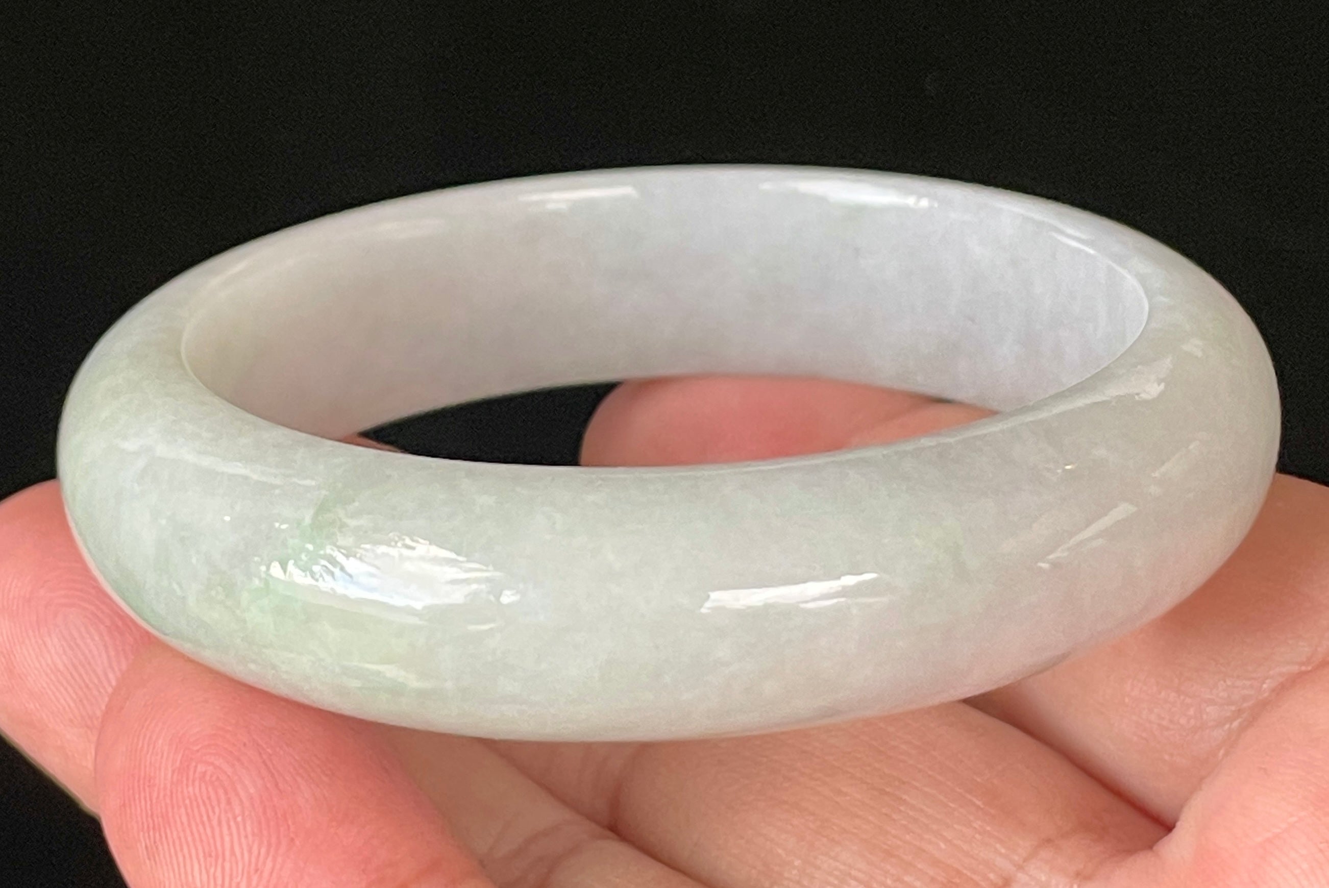 Natural Grade A Certified Burmese Jadeite Jade Bangle – Icy Light Apple Green with Milky White Hues – 55.5mm – JB900