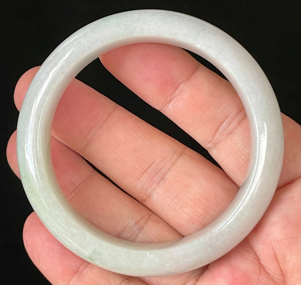 Natural Grade A Certified Burmese Jadeite Jade Bangle – Icy Light Apple Green with Milky White Hues – 55.5mm – JB900
