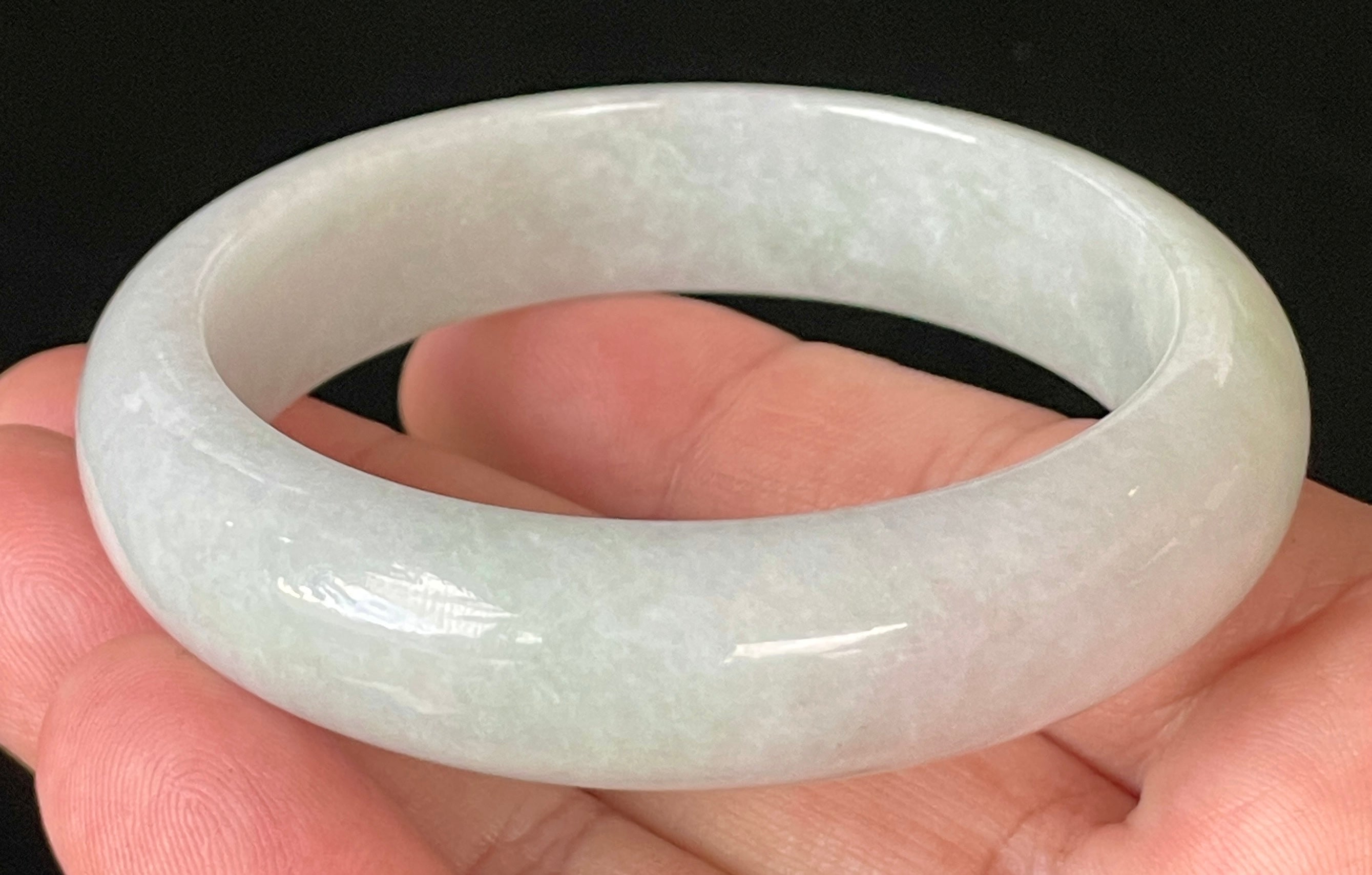 Natural Grade A Certified Burmese Jadeite Jade Bangle – Icy Light Apple Green with Milky White Hues – 55.5mm – JB900