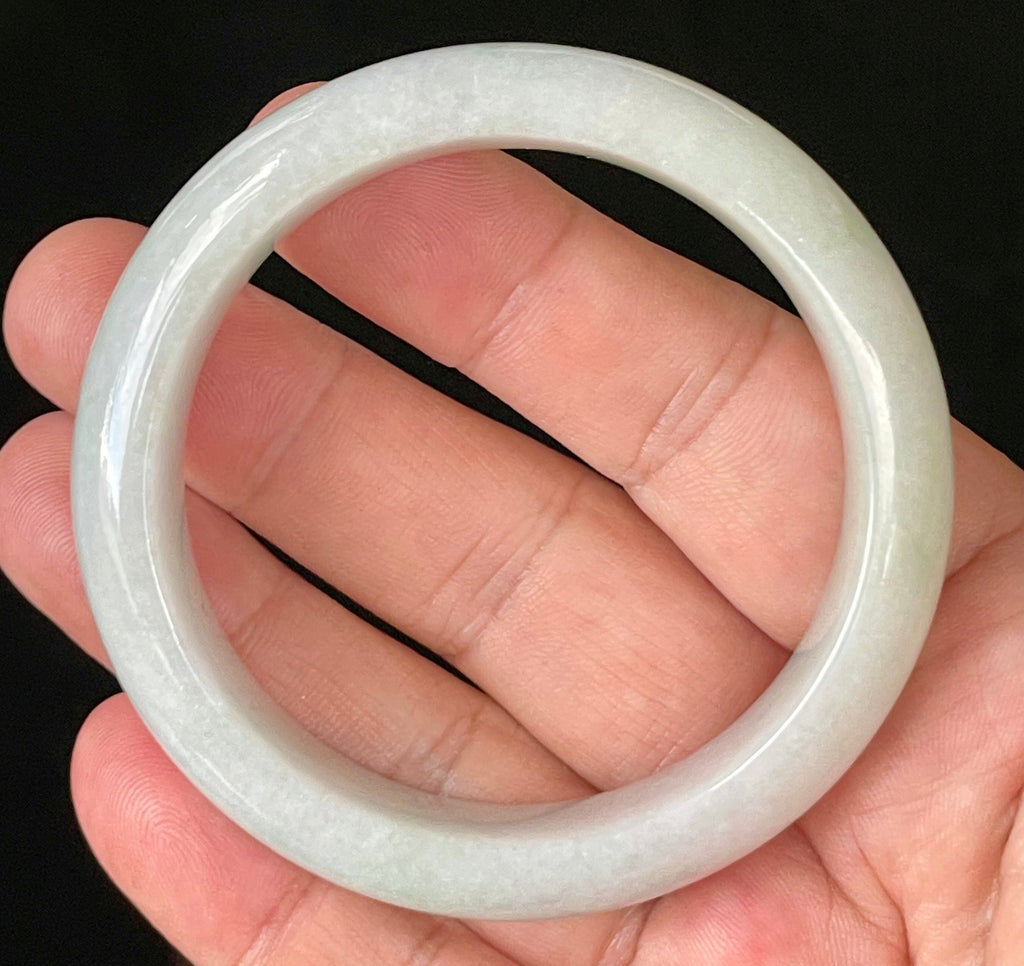 Natural Grade A Certified Burmese Jadeite Jade Bangle – Icy Light Apple Green with Milky White Hues – 55.5mm – JB900