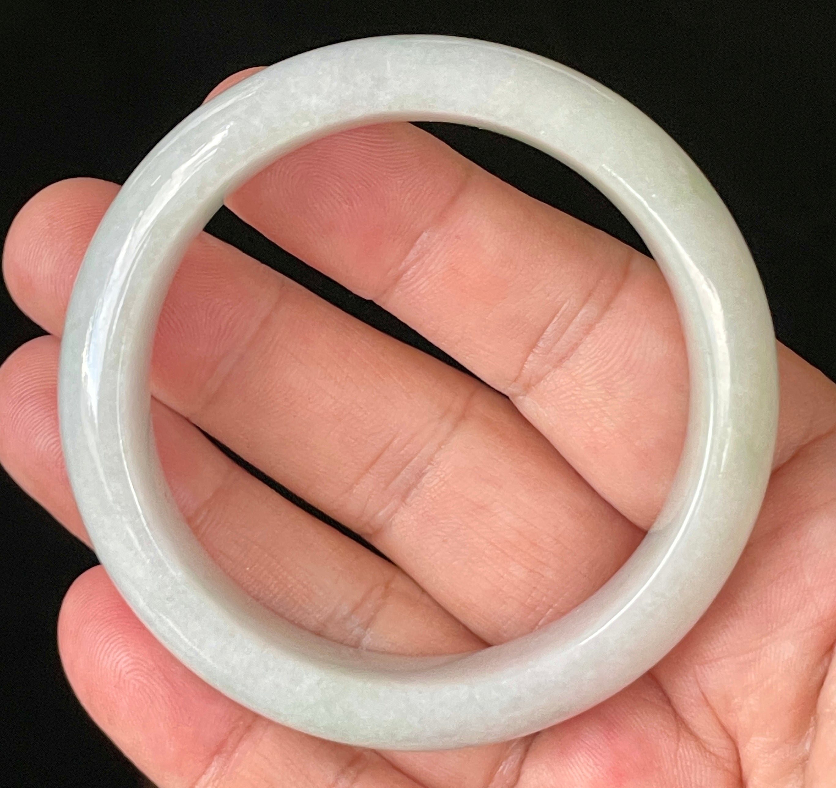 Natural Grade A Certified Burmese Jadeite Jade Bangle – Icy Light Apple Green with Milky White Hues – 55.5mm – JB900