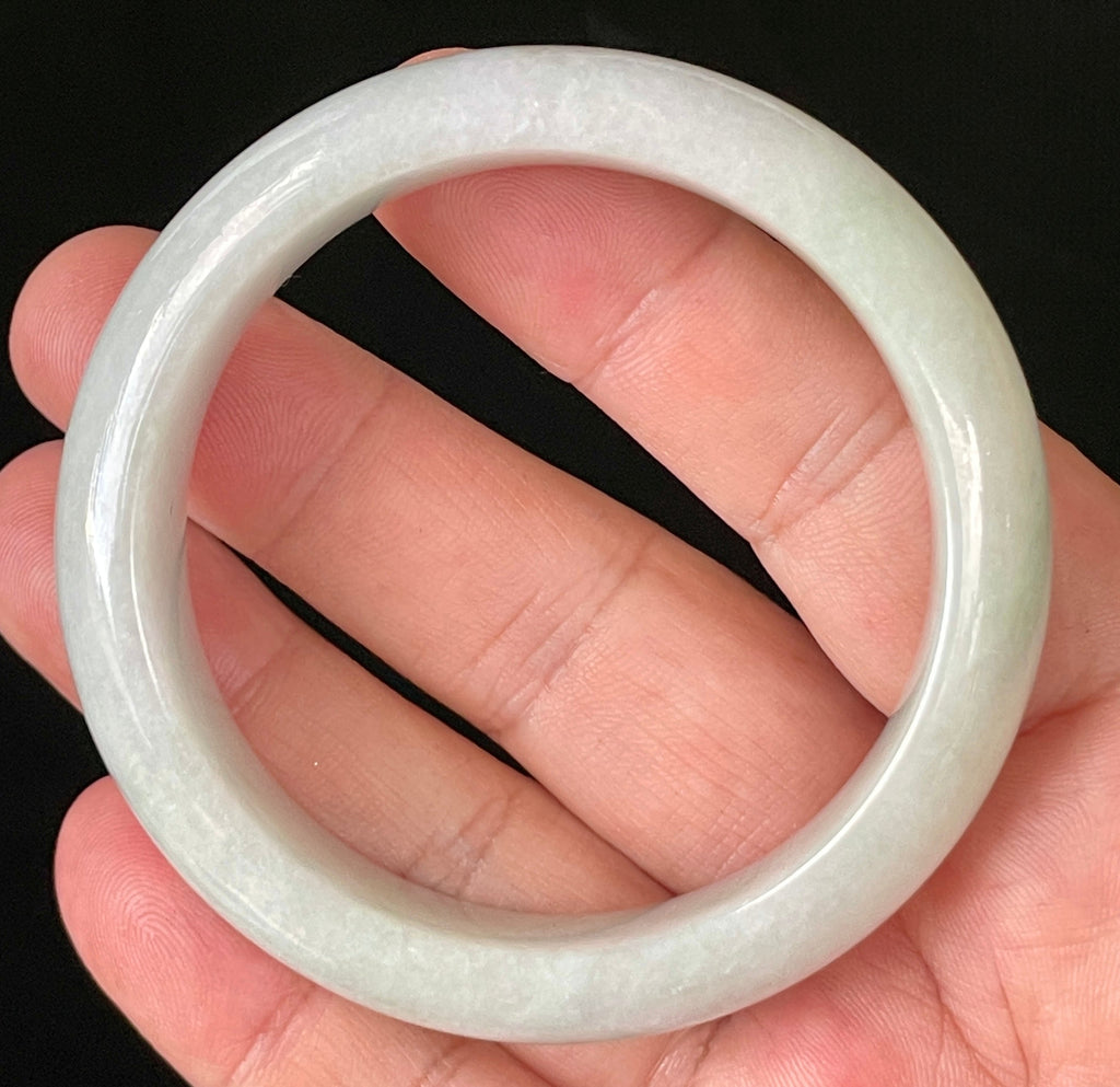 Natural Grade A Certified Burmese Jadeite Jade Bangle – Icy Light Apple Green with Milky White Hues – 55.5mm – JB900