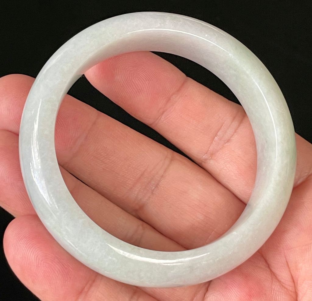 Natural Grade A Certified Burmese Jadeite Jade Bangle – Icy Light Apple Green with Milky White Hues – 55.5mm – JB900