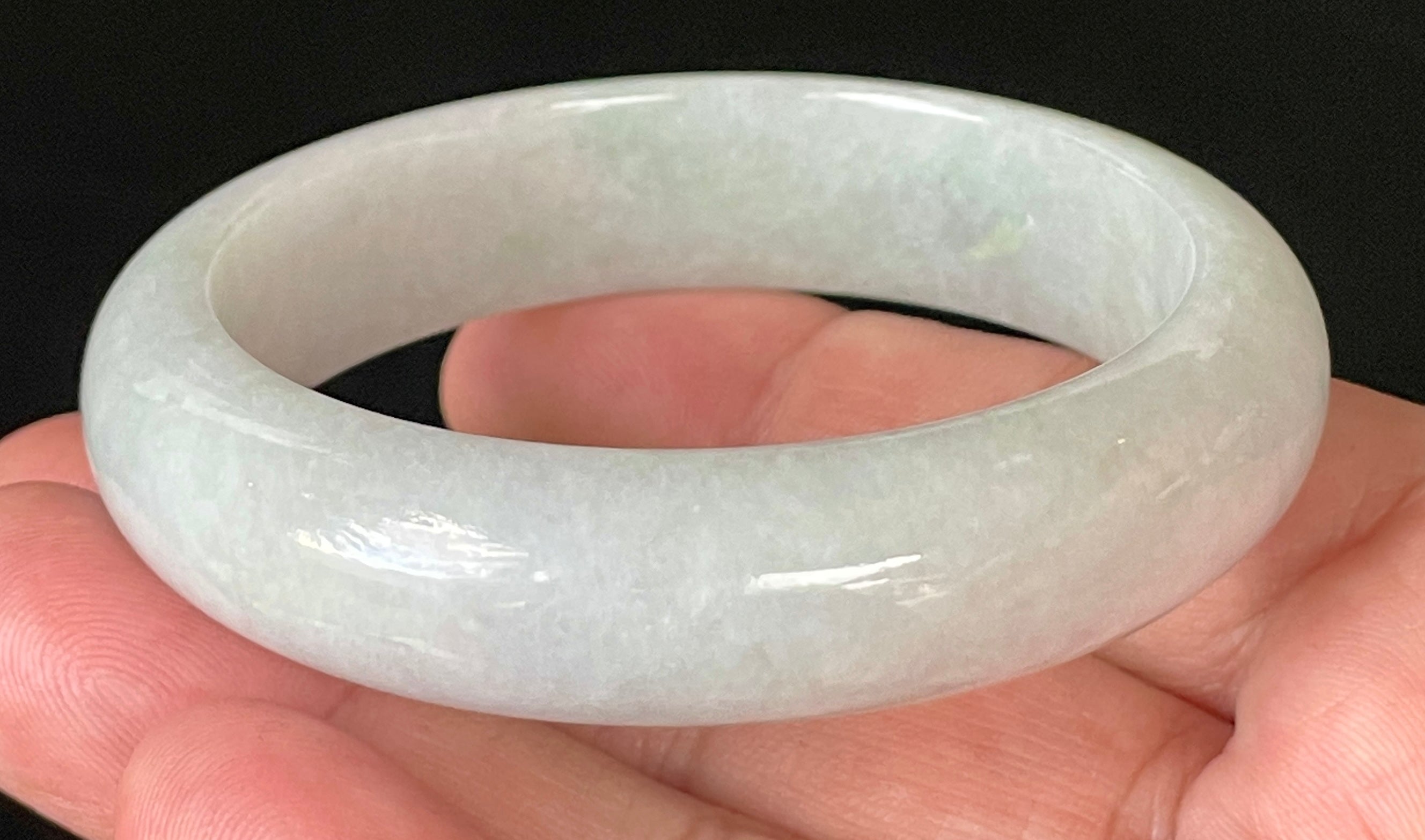 Natural Grade A Certified Burmese Jadeite Jade Bangle – Icy Light Apple Green with Milky White Hues – 55.5mm – JB900