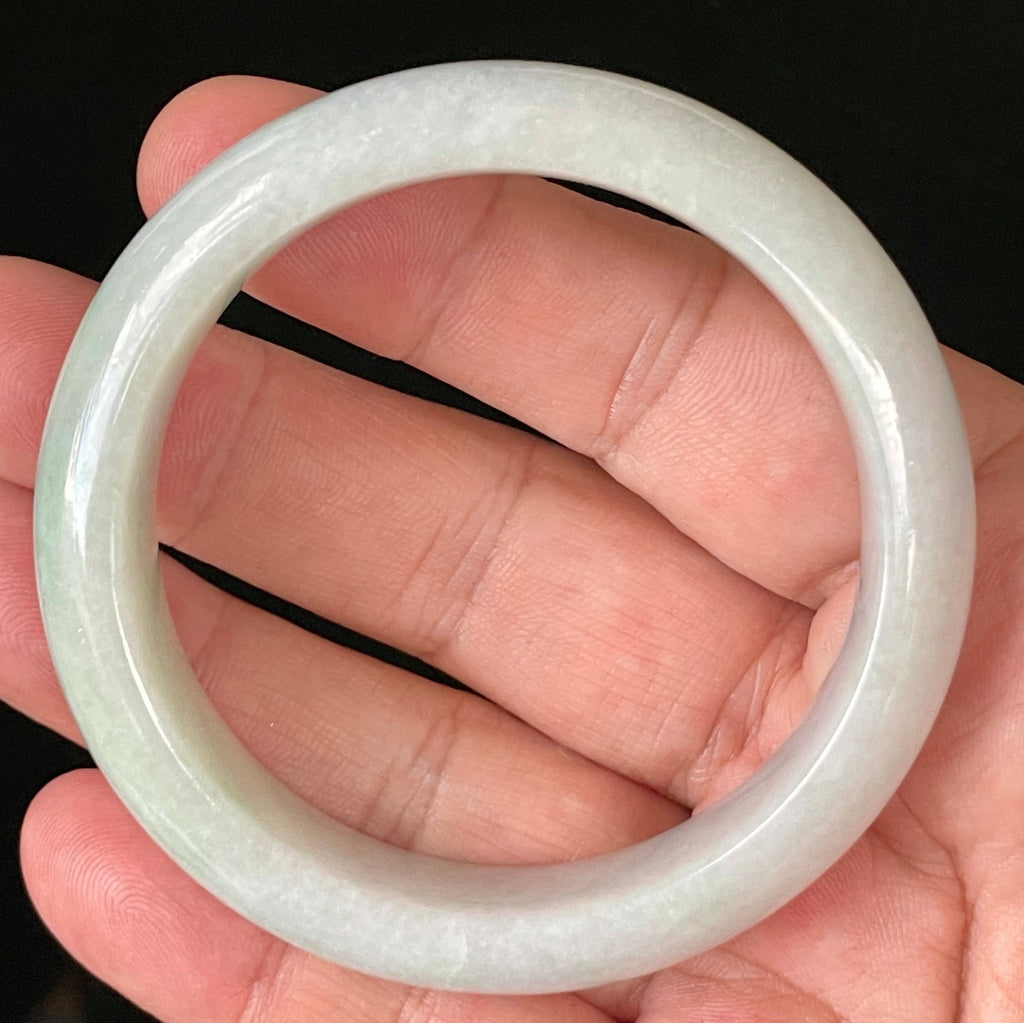 Natural Grade A Certified Burmese Jadeite Jade Bangle – Icy Light Apple Green with Milky White Hues – 55.5mm – JB900