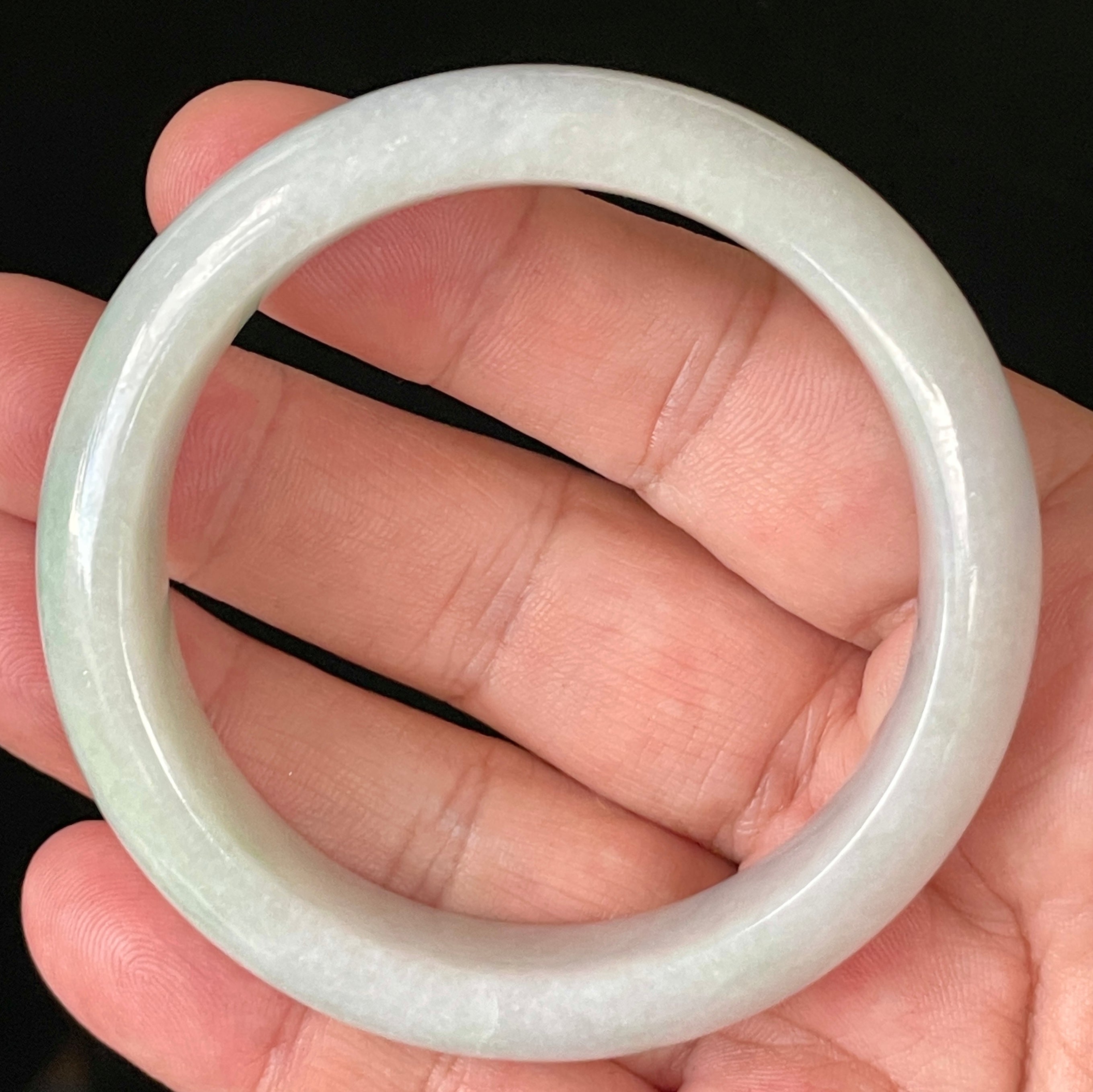 Natural Grade A Certified Burmese Jadeite Jade Bangle – Icy Light Apple Green with Milky White Hues – 55.5mm – JB900